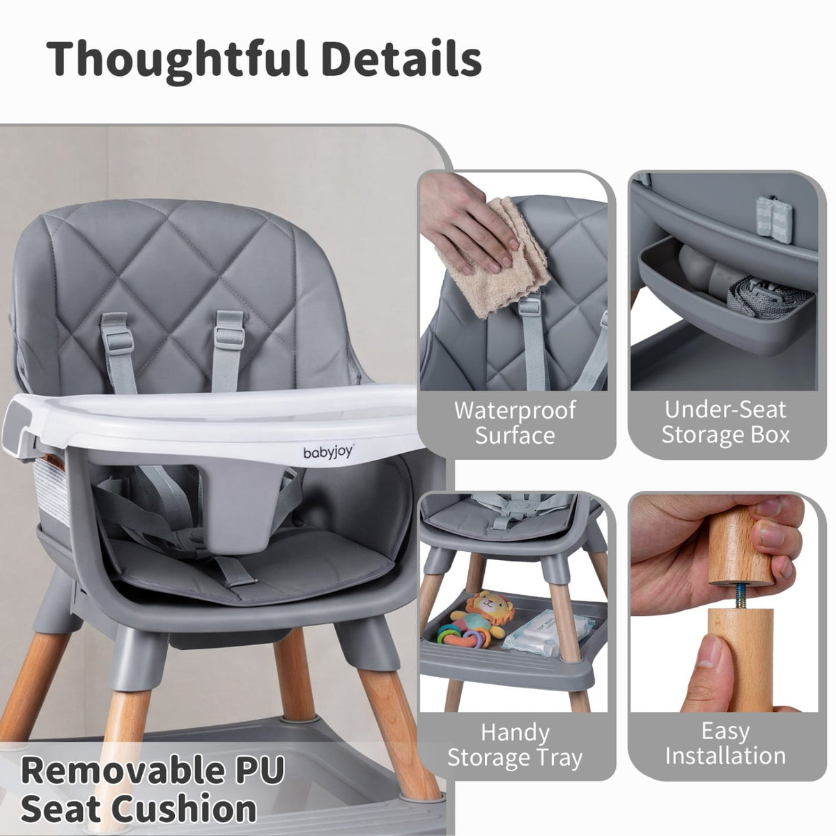 9-in-1 Convertible High Chair for Babies and Toddlers with Seat Cushion-Gray-High Chairs-DECOROLALA