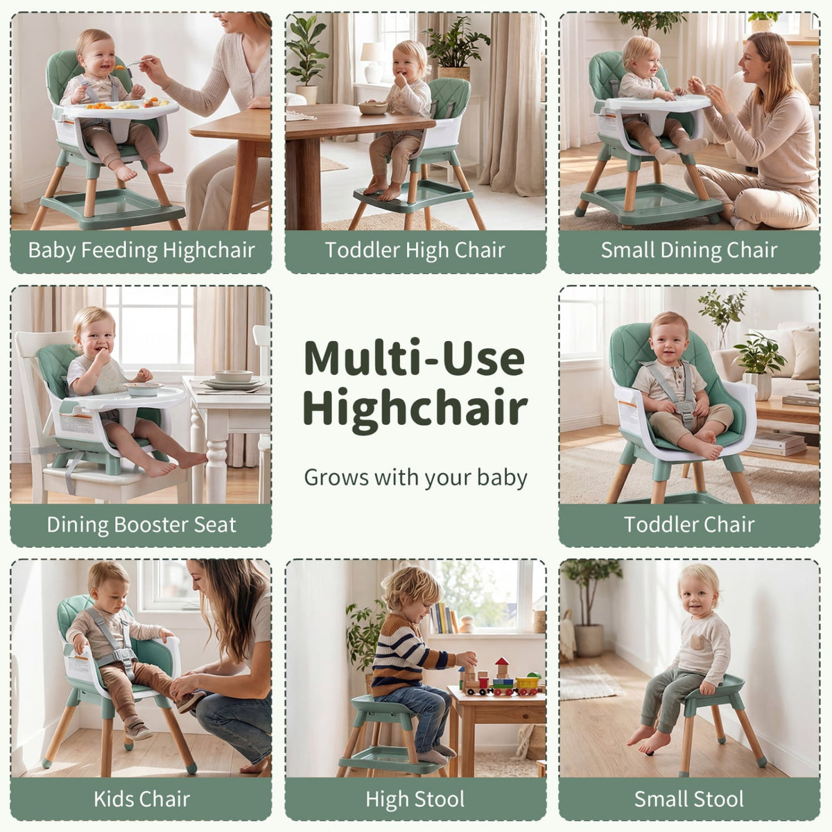 9-in-1 Convertible High Chair for Babies and Toddlers with Seat Cushion-Green-High Chairs-DECOROLALA