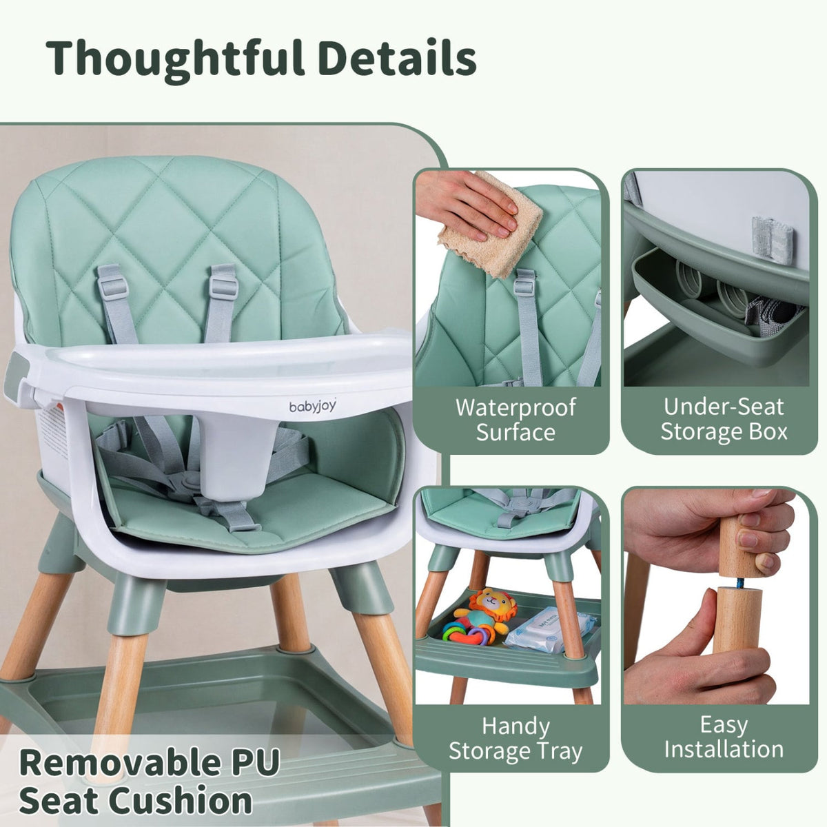 9-in-1 Convertible High Chair for Babies and Toddlers with Seat Cushion-Green-High Chairs-DECOROLALA