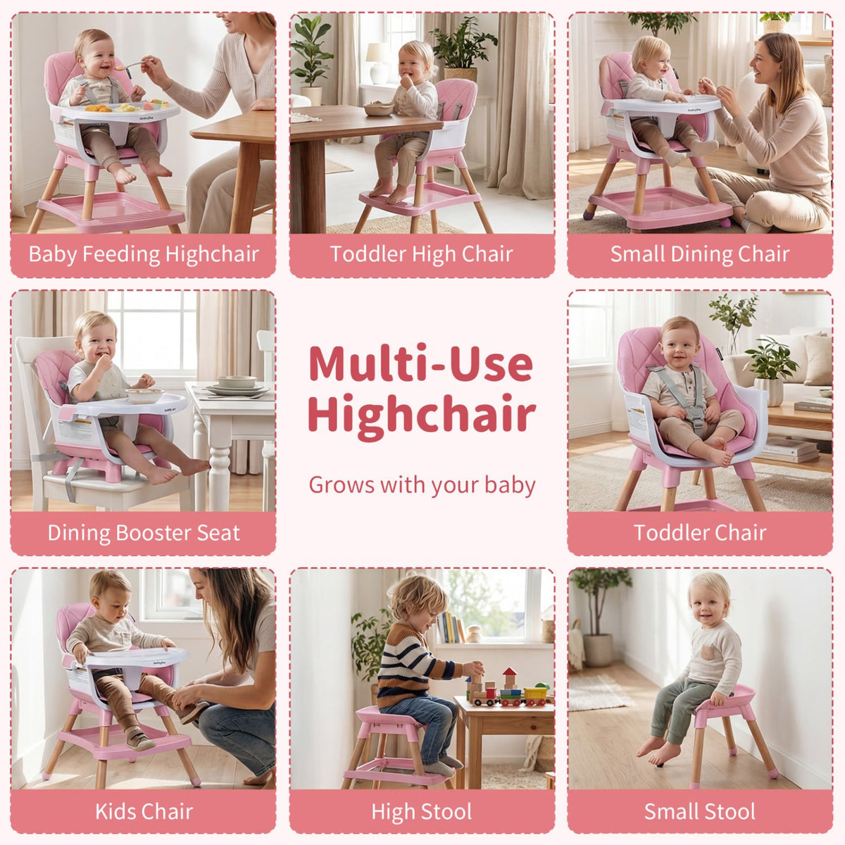 9-in-1 Convertible High Chair for Babies and Toddlers with Seat Cushion-Pink-High Chairs-DECOROLALA