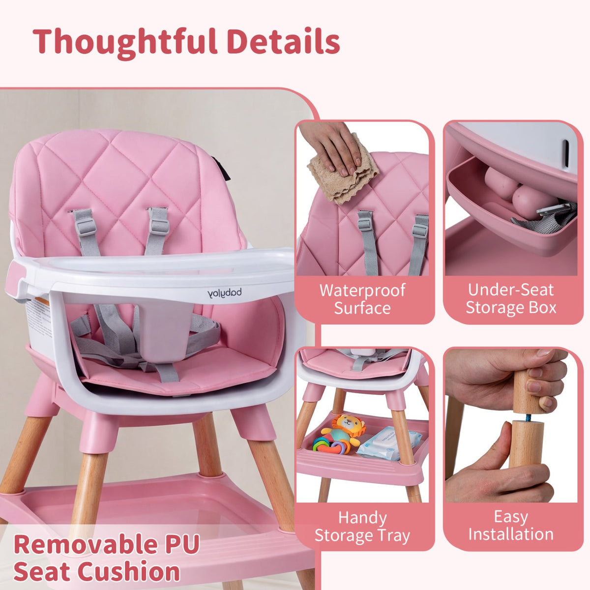 9-in-1 Convertible High Chair for Babies and Toddlers with Seat Cushion-Pink-High Chairs-DECOROLALA