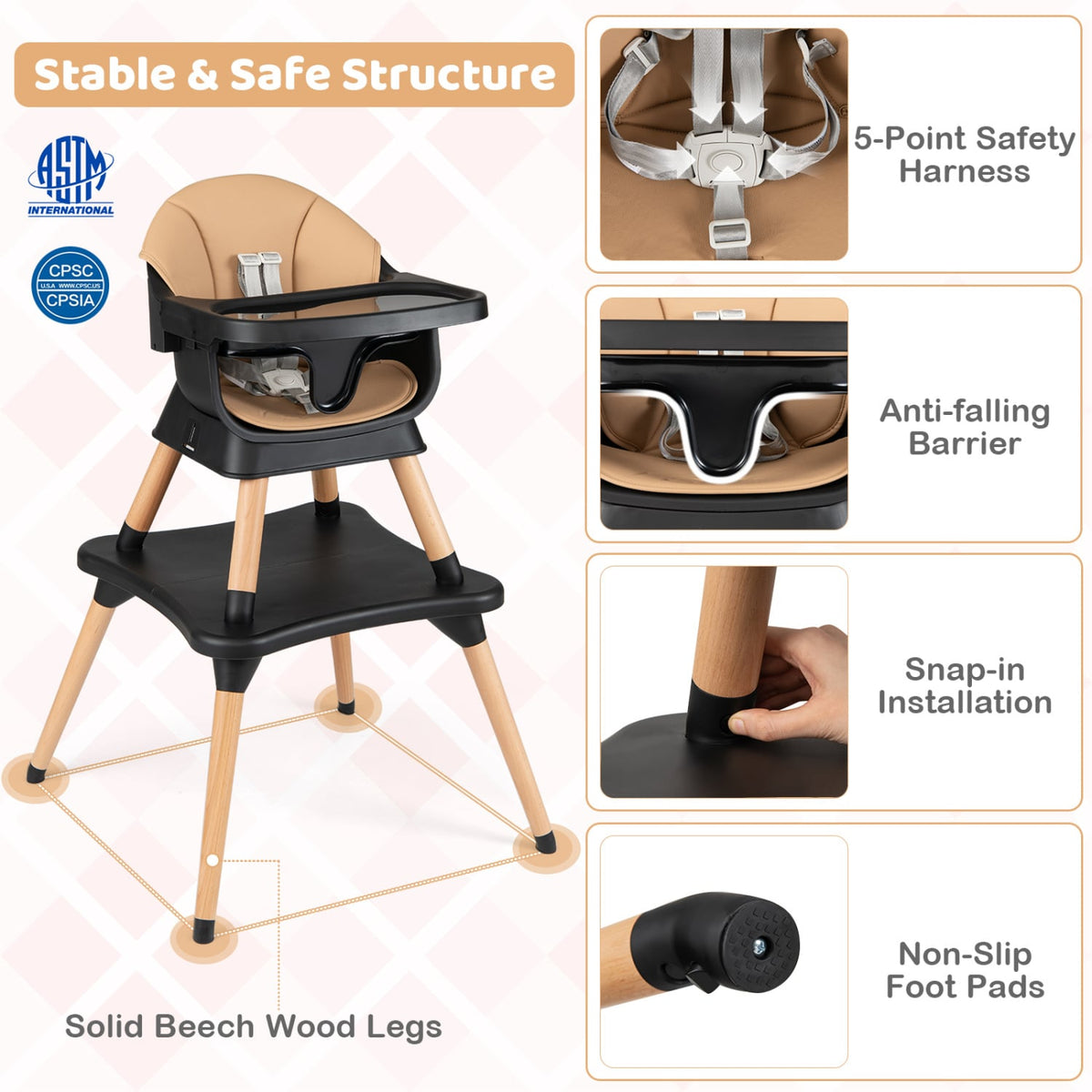 9-in-1 Convertible High Chair with Solid Wood Legs for Babies and Toddlers-Black-High Chairs-DECOROLALA