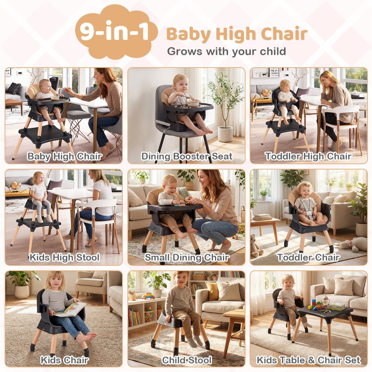 9-in-1 Convertible High Chair with Solid Wood Legs for Babies and Toddlers-Black-High Chairs-DECOROLALA
