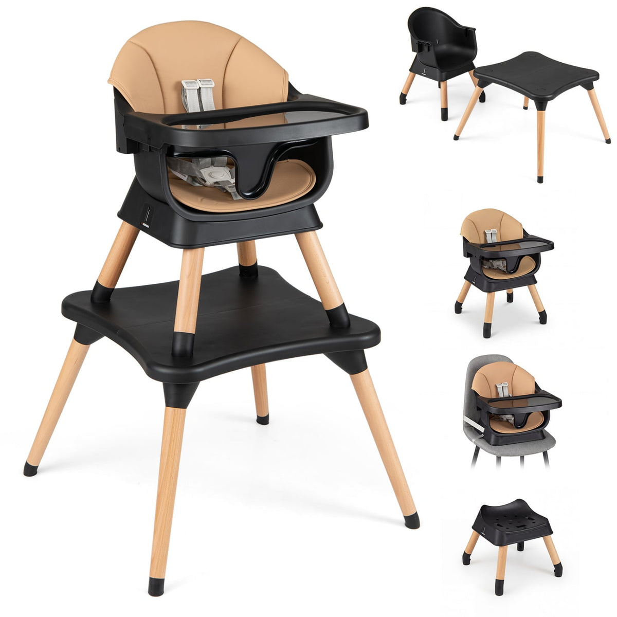 9-in-1 Convertible High Chair with Solid Wood Legs for Babies and Toddlers-Black-High Chairs-DECOROLALA