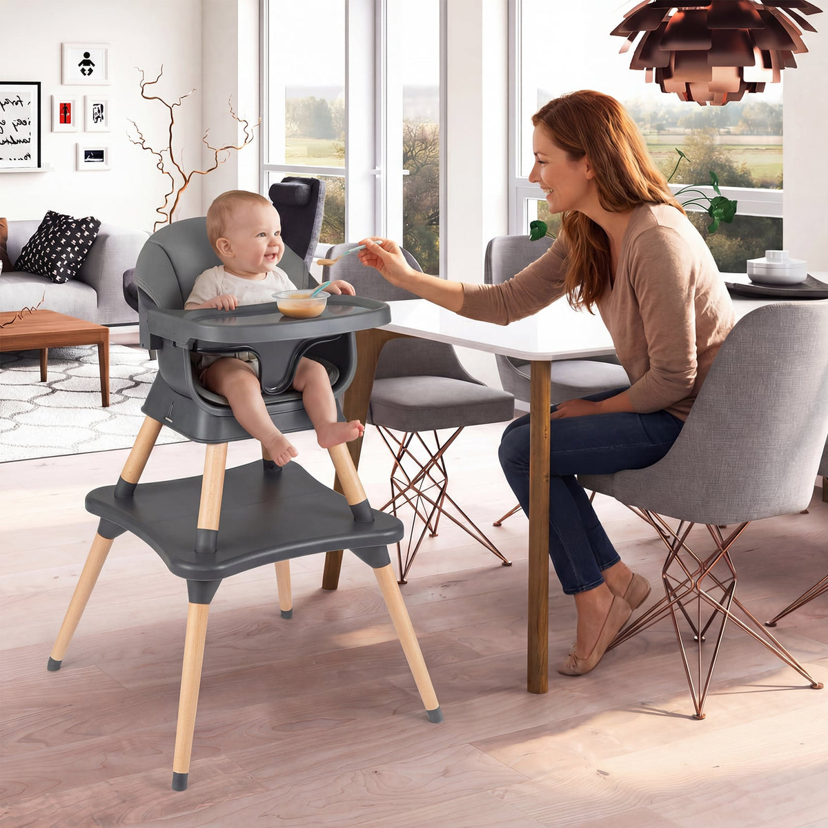 9-in-1 Convertible High Chair with Solid Wood Legs for Babies and Toddlers-Gray-High Chairs-DECOROLALA