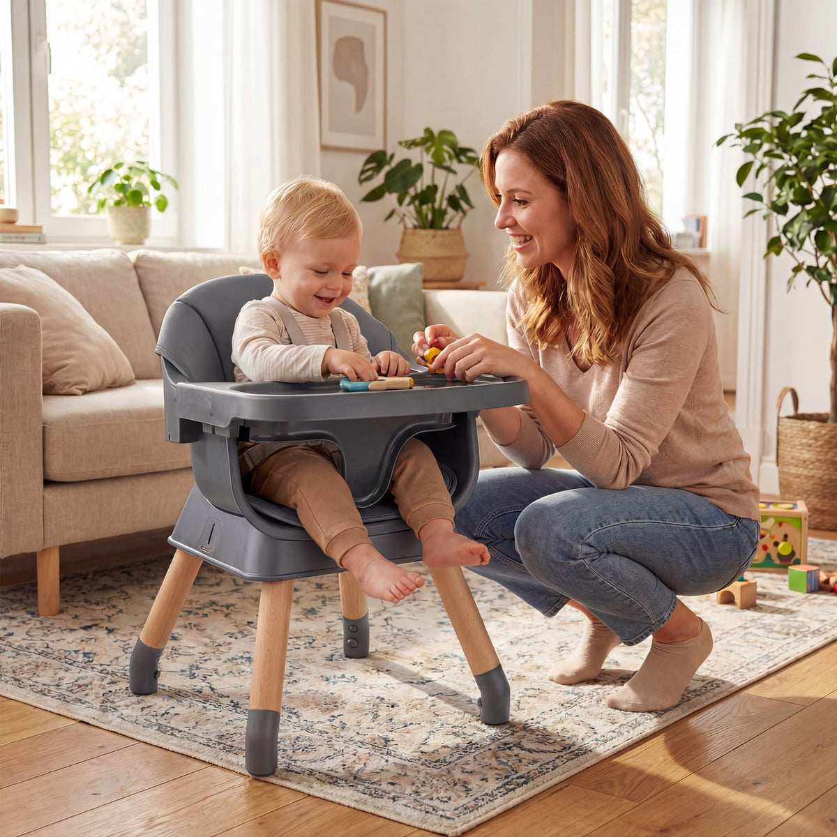 9-in-1 Convertible High Chair with Solid Wood Legs for Babies and Toddlers-Gray-High Chairs-DECOROLALA