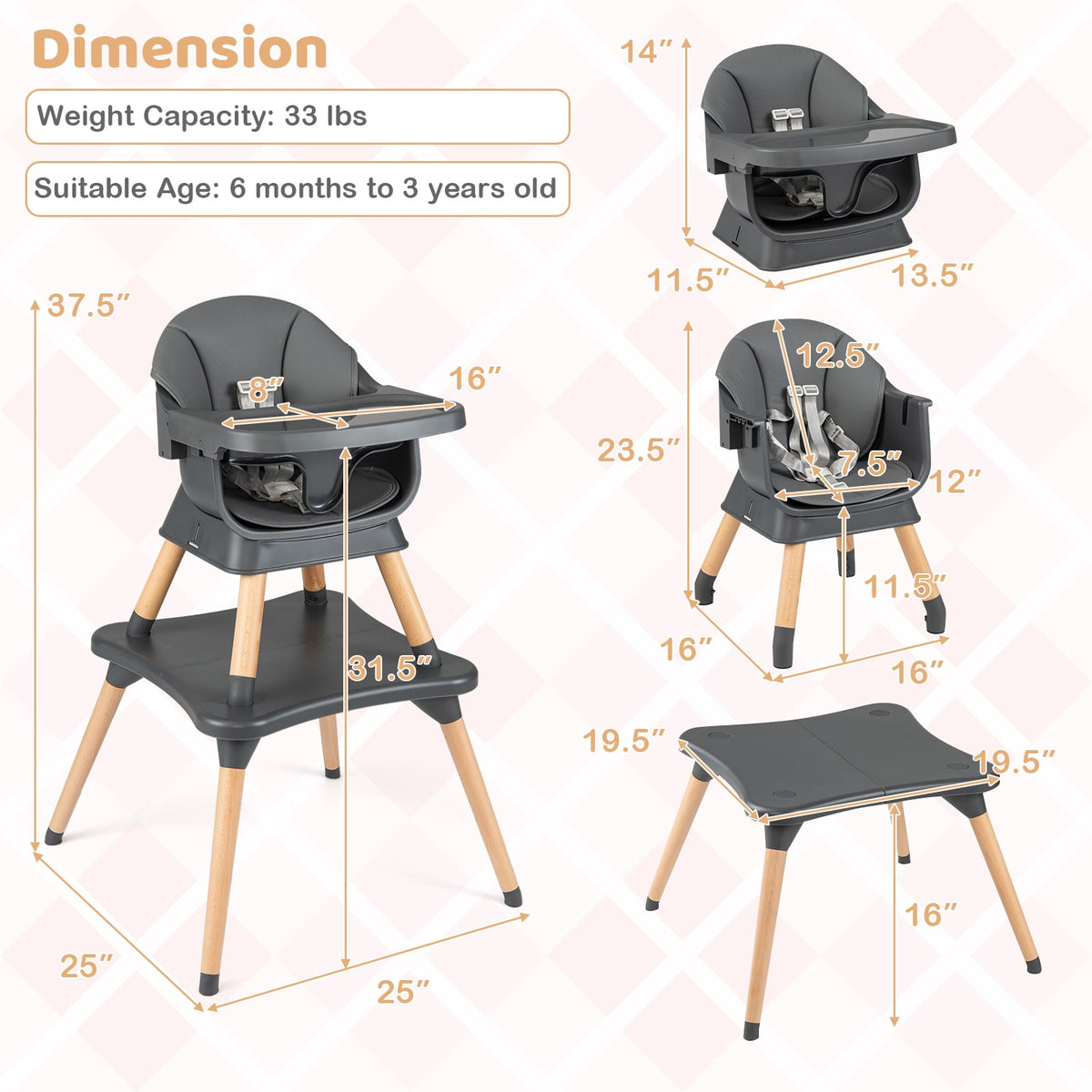 9-in-1 Convertible High Chair with Solid Wood Legs for Babies and Toddlers-Gray-High Chairs-DECOROLALA