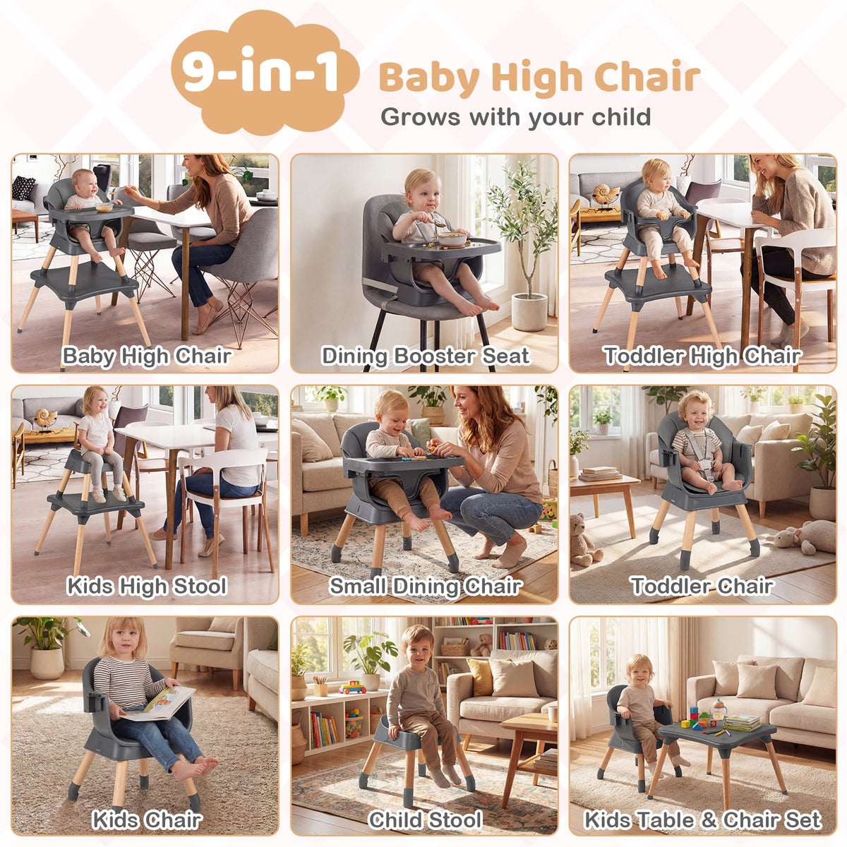 9-in-1 Convertible High Chair with Solid Wood Legs for Babies and Toddlers-Gray-High Chairs-DECOROLALA