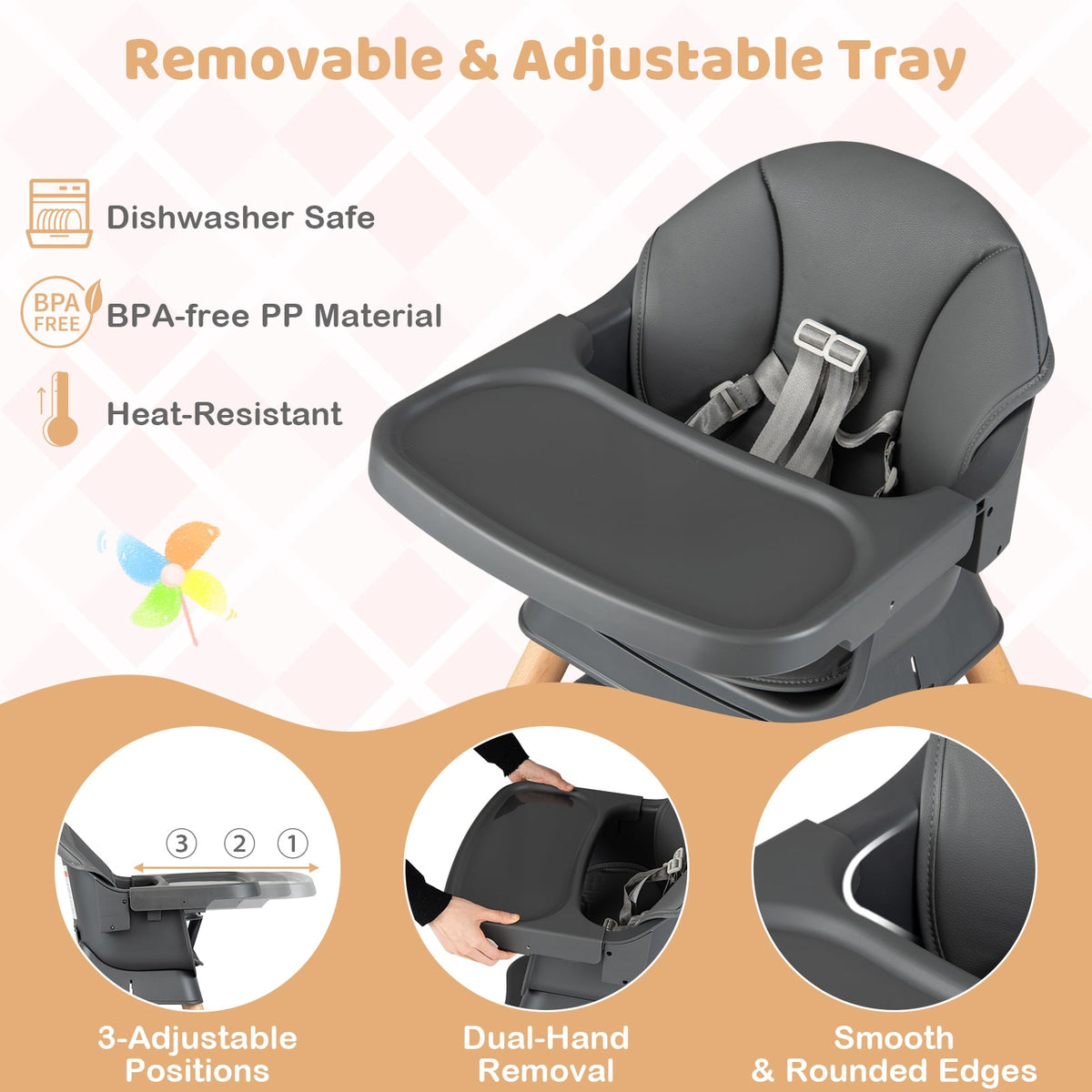 9-in-1 Convertible High Chair with Solid Wood Legs for Babies and Toddlers-Gray-High Chairs-DECOROLALA