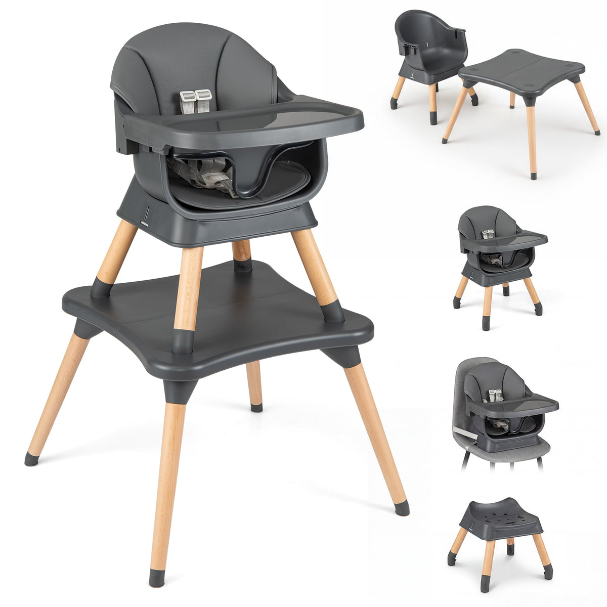 9-in-1 Convertible High Chair with Solid Wood Legs for Babies and Toddlers-Gray-High Chairs-DECOROLALA