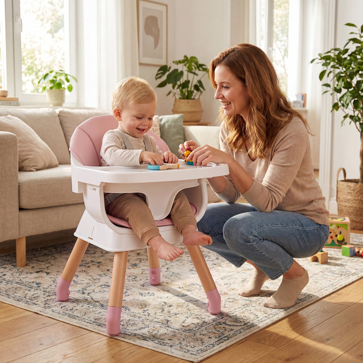 9-in-1 Convertible High Chair with Solid Wood Legs for Babies and Toddlers-Pink-High Chairs-DECOROLALA