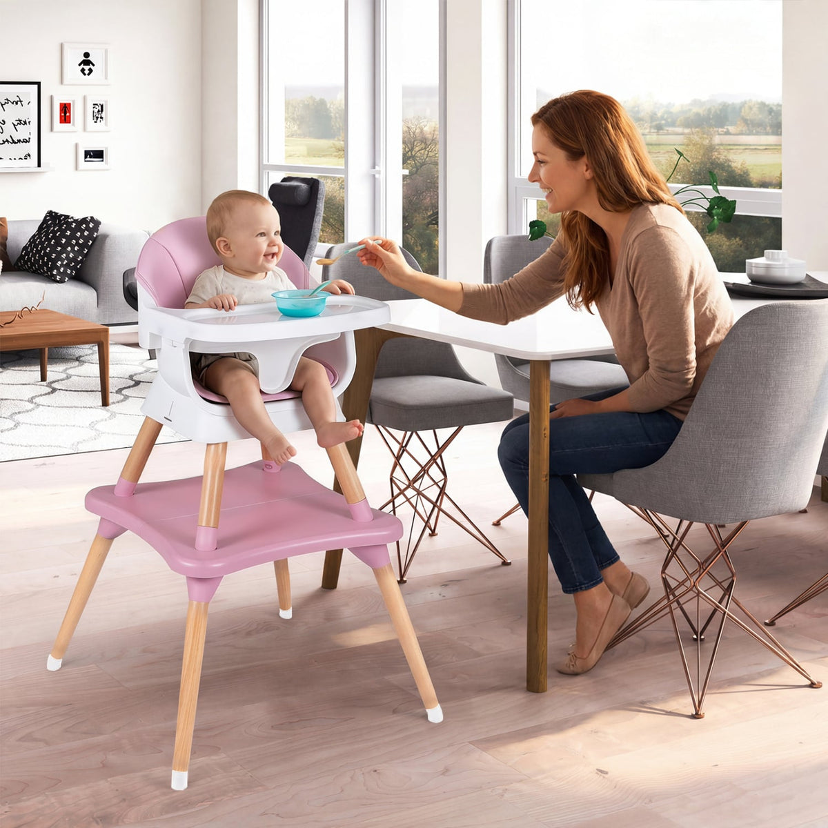 9-in-1 Convertible High Chair with Solid Wood Legs for Babies and Toddlers-Pink-High Chairs-DECOROLALA