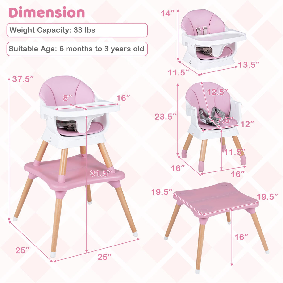 9-in-1 Convertible High Chair with Solid Wood Legs for Babies and Toddlers-Pink-High Chairs-DECOROLALA