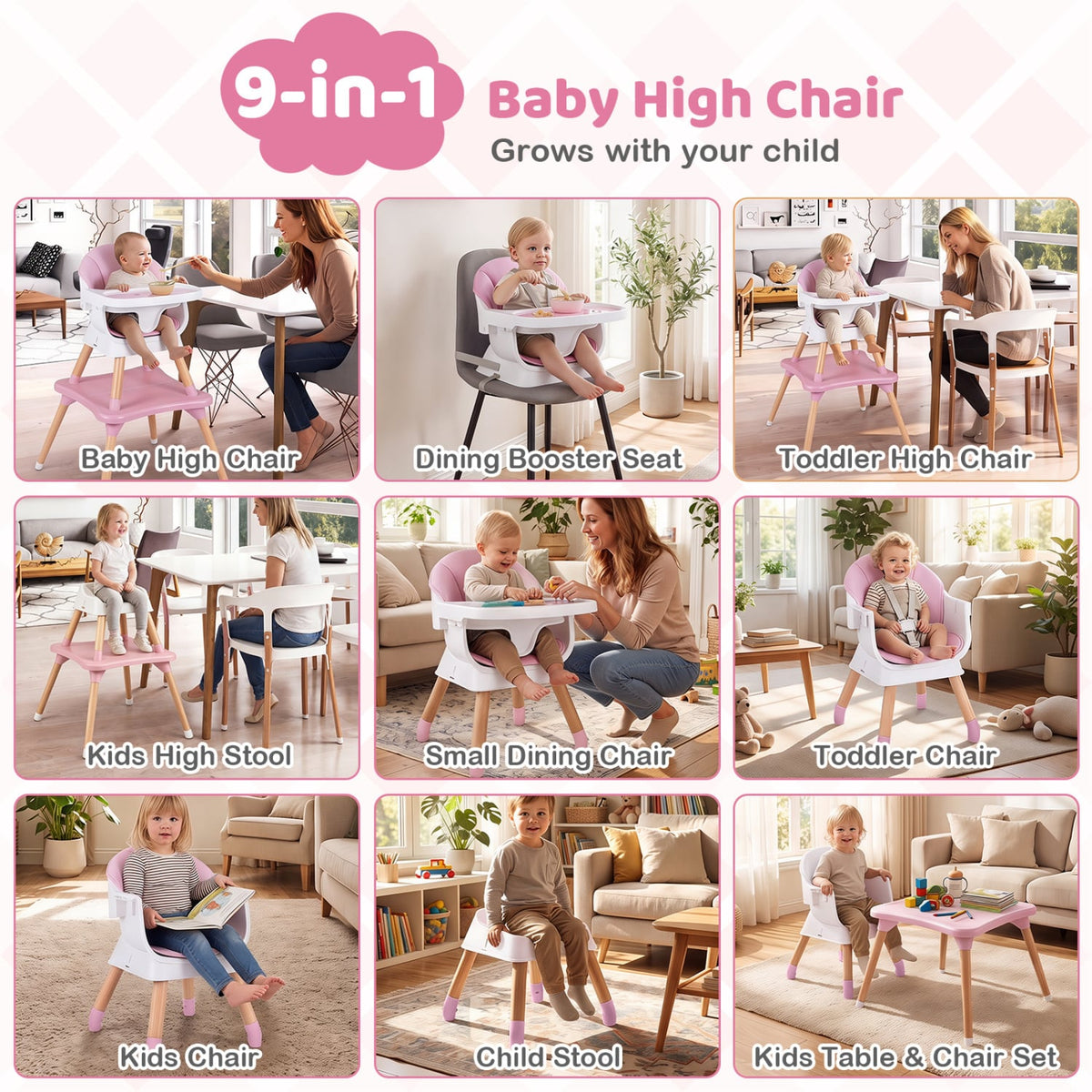 9-in-1 Convertible High Chair with Solid Wood Legs for Babies and Toddlers-Pink-High Chairs-DECOROLALA