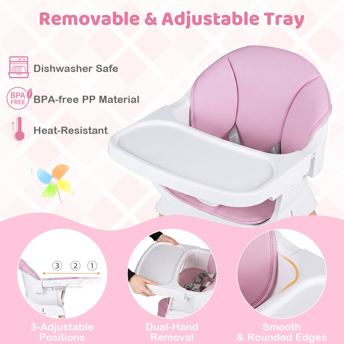9-in-1 Convertible High Chair with Solid Wood Legs for Babies and Toddlers-Pink-High Chairs-DECOROLALA