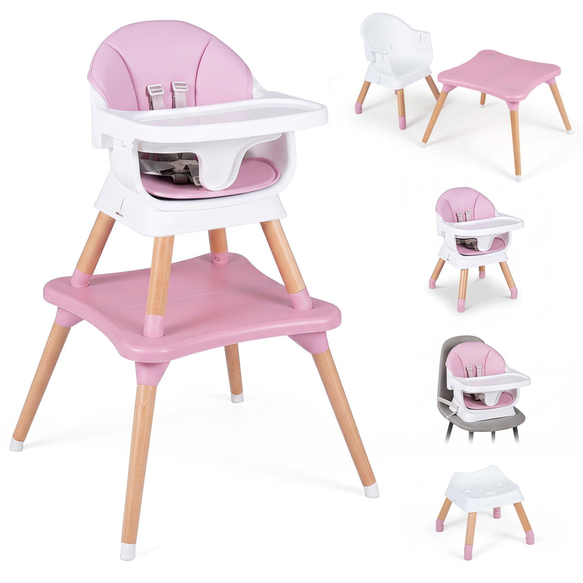 9-in-1 Convertible High Chair with Solid Wood Legs for Babies and Toddlers-Pink-High Chairs-DECOROLALA