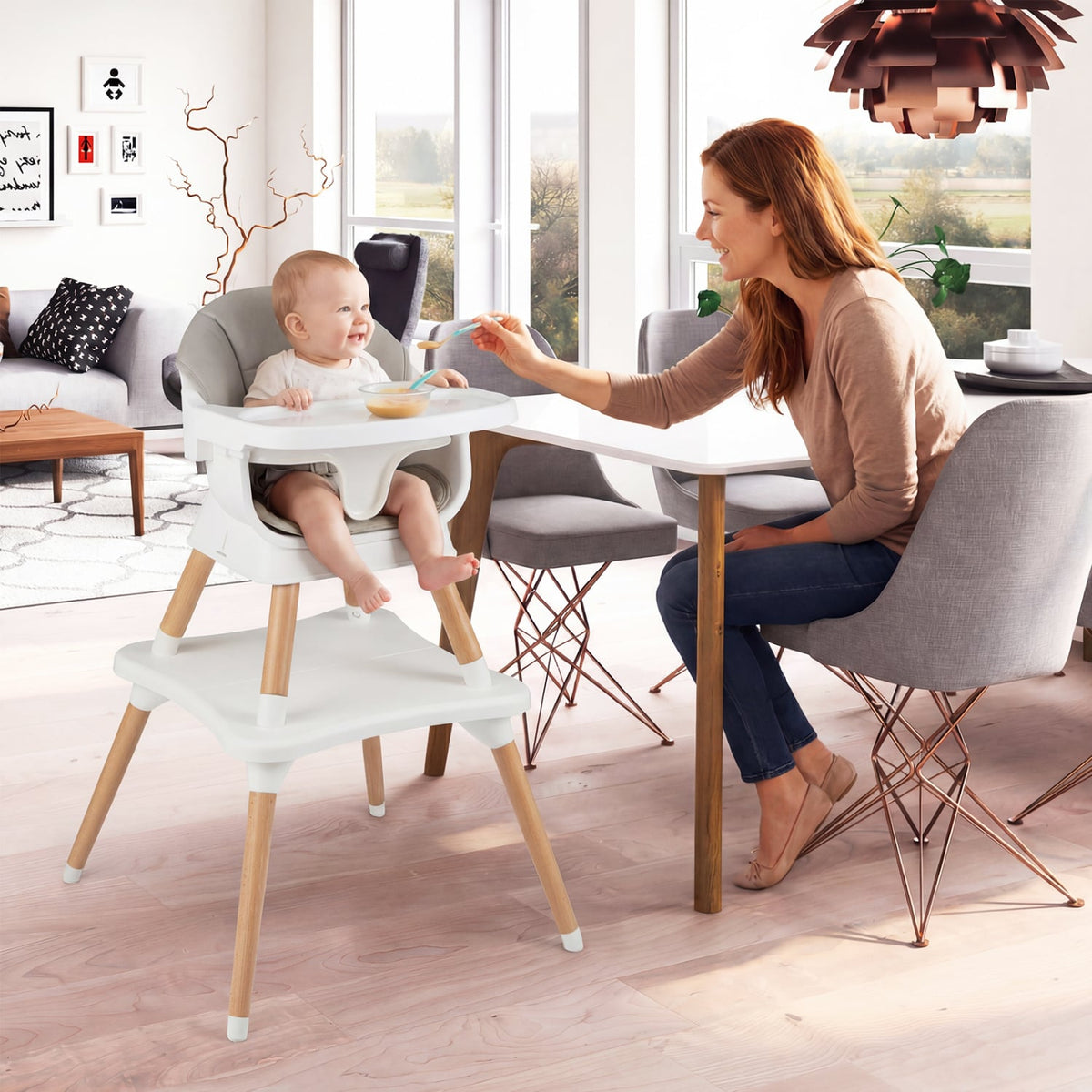 9-in-1 Convertible High Chair with Solid Wood Legs for Babies and Toddlers-White-High Chairs-DECOROLALA