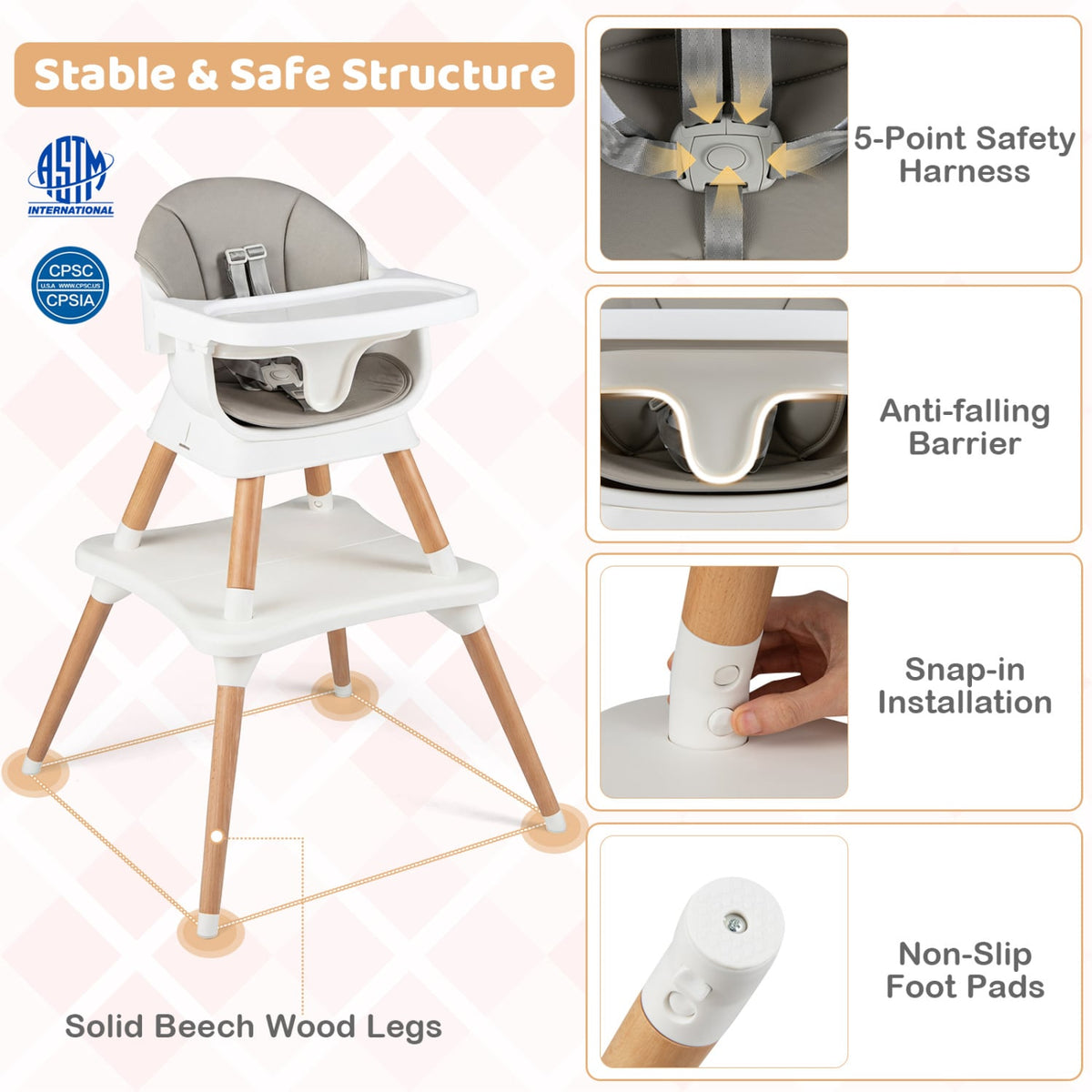 9-in-1 Convertible High Chair with Solid Wood Legs for Babies and Toddlers-White-High Chairs-DECOROLALA