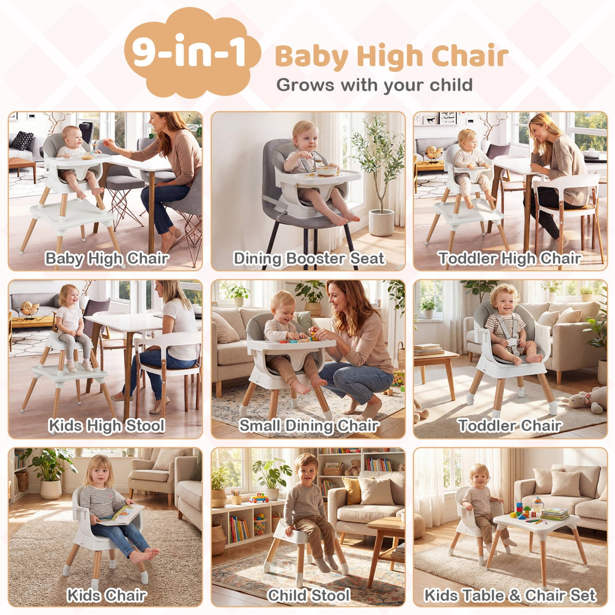 9-in-1 Convertible High Chair with Solid Wood Legs for Babies and Toddlers-White-High Chairs-DECOROLALA