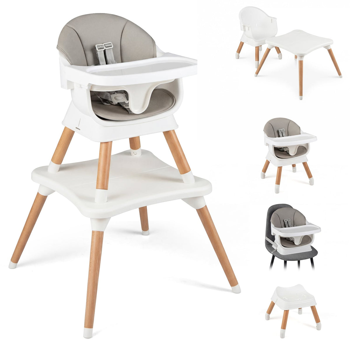 9-in-1 Convertible High Chair with Solid Wood Legs for Babies and Toddlers-White-High Chairs-DECOROLALA