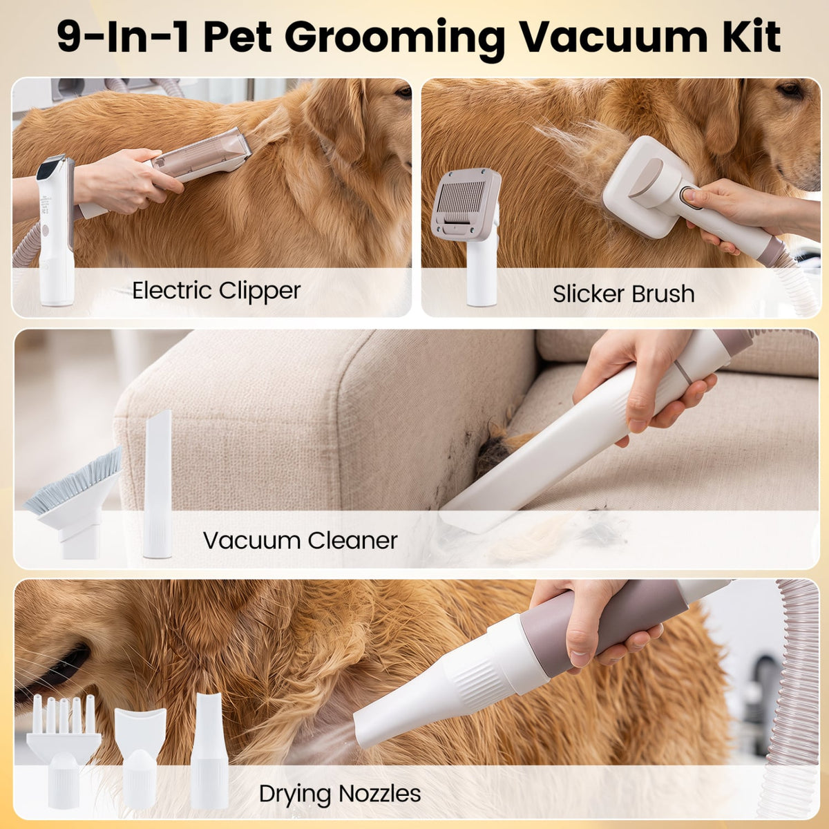9-in-1 Dog Grooming Vacuum Kit for Shedding with 3 Suction Modes and Clippers for Dogs and Cats Home Cleaning-Vacuum Cleaners-DECOROLALA