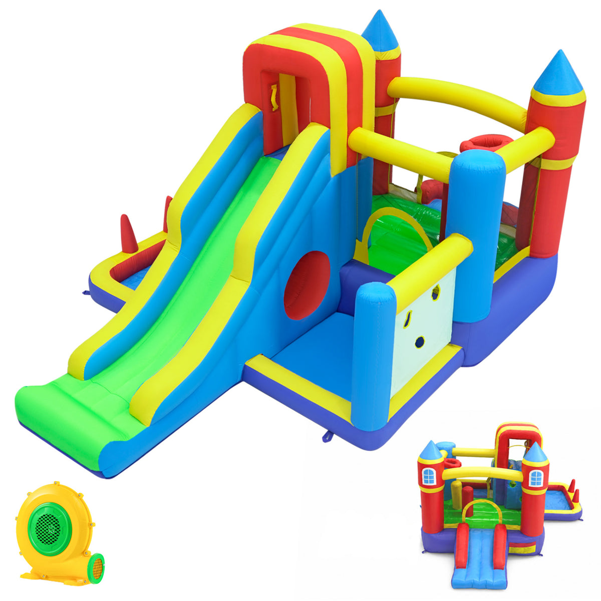 9-in-1 Inflatable Bounce House with Slide, Ball Pit and 680W Blower-Inflatable Bounce Houses-DECOROLALA