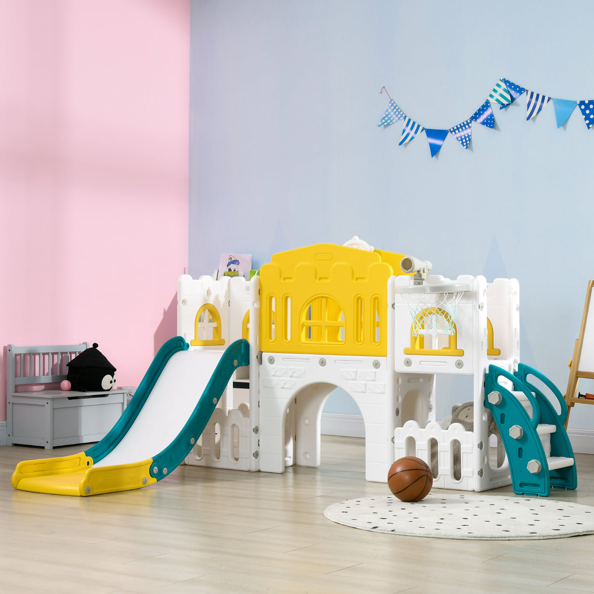 9-in-1 Toddler Slide Playset with Basketball Hoop and Tunnel-Toys & Games > Kids Outdoor Play > Gym Sets & Swings-DECOROLALA