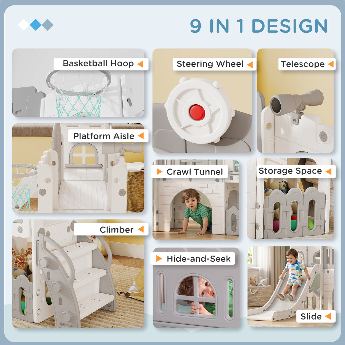 9-in-1 Toddler Slide Playset with Basketball Hoop and Tunnel-Toys & Games > Kids Outdoor Play > Gym Sets & Swings-DECOROLALA