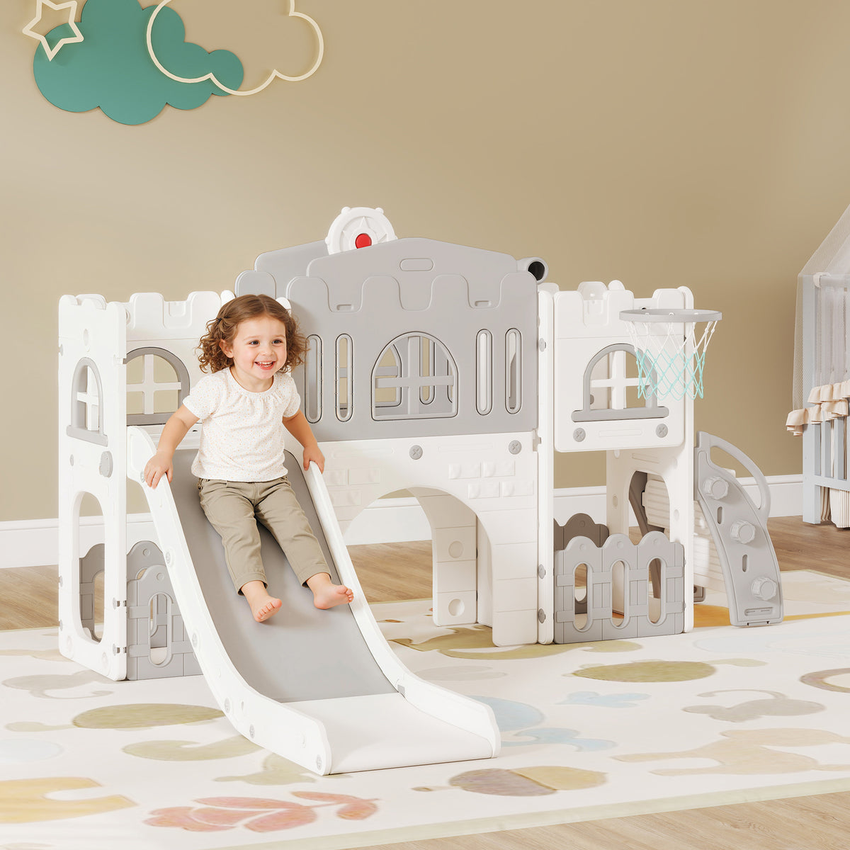 9-in-1 Toddler Slide Playset with Basketball Hoop and Tunnel-Toys & Games > Kids Outdoor Play > Gym Sets & Swings-DECOROLALA