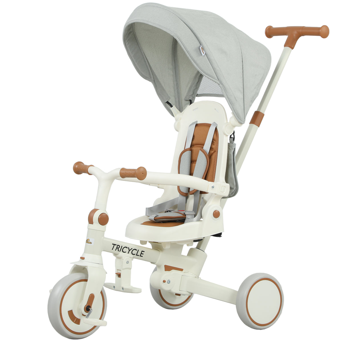 7 in 1 Toddler Tricycle w/ Safety Harness, Adjustable & Removable Parent Handle, Canopy, Storage Bag, Brake, Cream White-Toys & Games > Baby & Toddler Toys > Riding & Rocking Toys > Tricycles for Kids-DECOROLALA