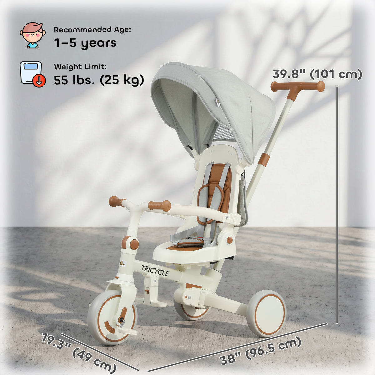 7 in 1 Toddler Tricycle w/ Safety Harness, Adjustable & Removable Parent Handle, Canopy, Storage Bag, Brake, Cream White-Toys & Games > Baby & Toddler Toys > Riding & Rocking Toys > Tricycles for Kids-DECOROLALA