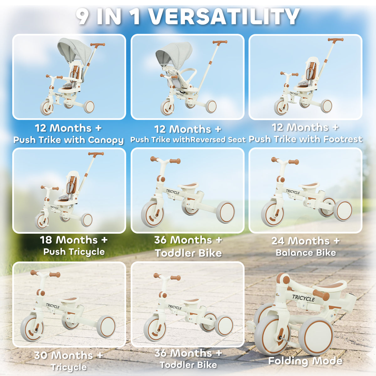 7 in 1 Toddler Tricycle w/ Safety Harness, Adjustable & Removable Parent Handle, Canopy, Storage Bag, Brake, Cream White-Toys & Games > Baby & Toddler Toys > Riding & Rocking Toys > Tricycles for Kids-DECOROLALA