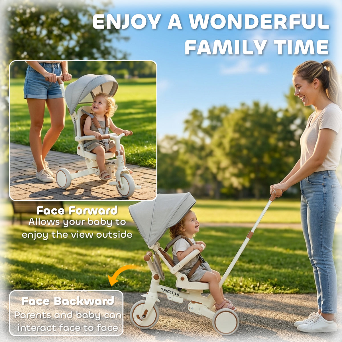 7 in 1 Toddler Tricycle w/ Safety Harness, Adjustable & Removable Parent Handle, Canopy, Storage Bag, Brake, Cream White-Toys & Games > Baby & Toddler Toys > Riding & Rocking Toys > Tricycles for Kids-DECOROLALA