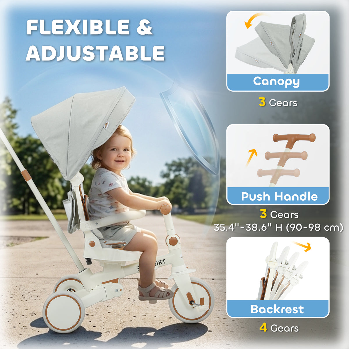 7 in 1 Toddler Tricycle w/ Safety Harness, Adjustable & Removable Parent Handle, Canopy, Storage Bag, Brake, Cream White-Toys & Games > Baby & Toddler Toys > Riding & Rocking Toys > Tricycles for Kids-DECOROLALA
