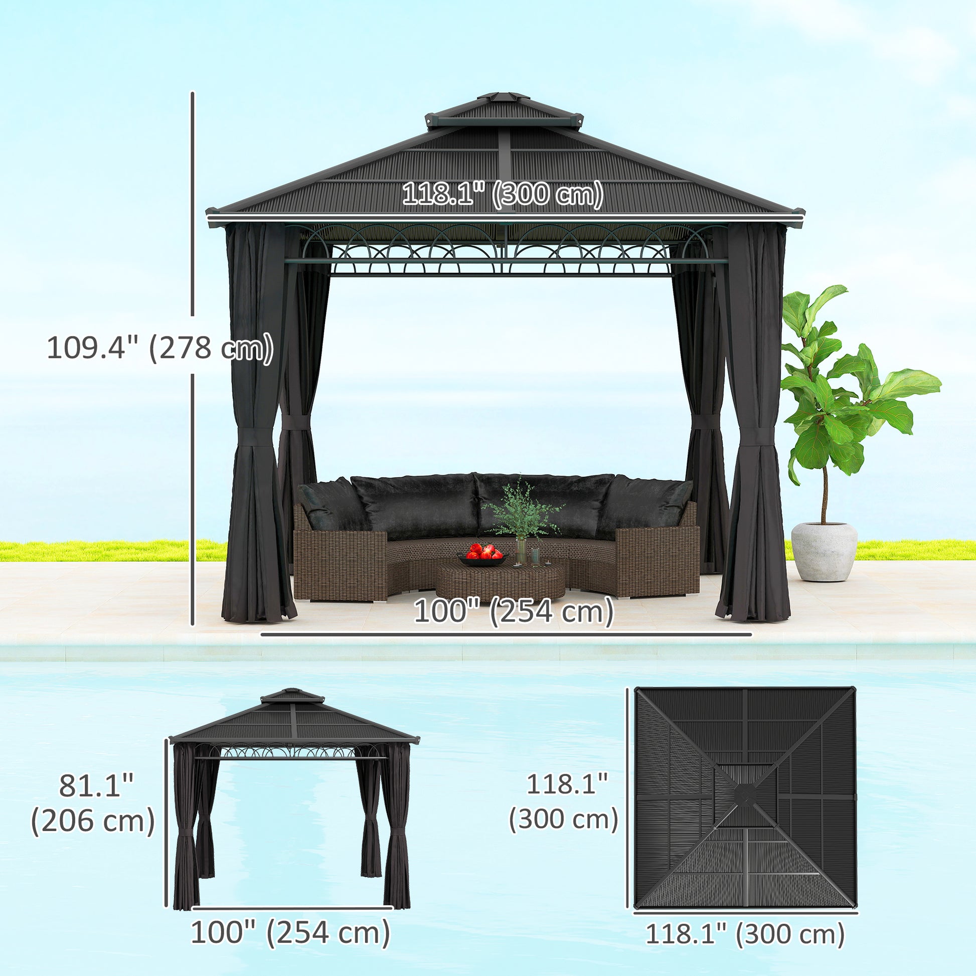 9' x 10' Hardtop Gazebo - Double PC Roof & Netting Black-DECOROLALA