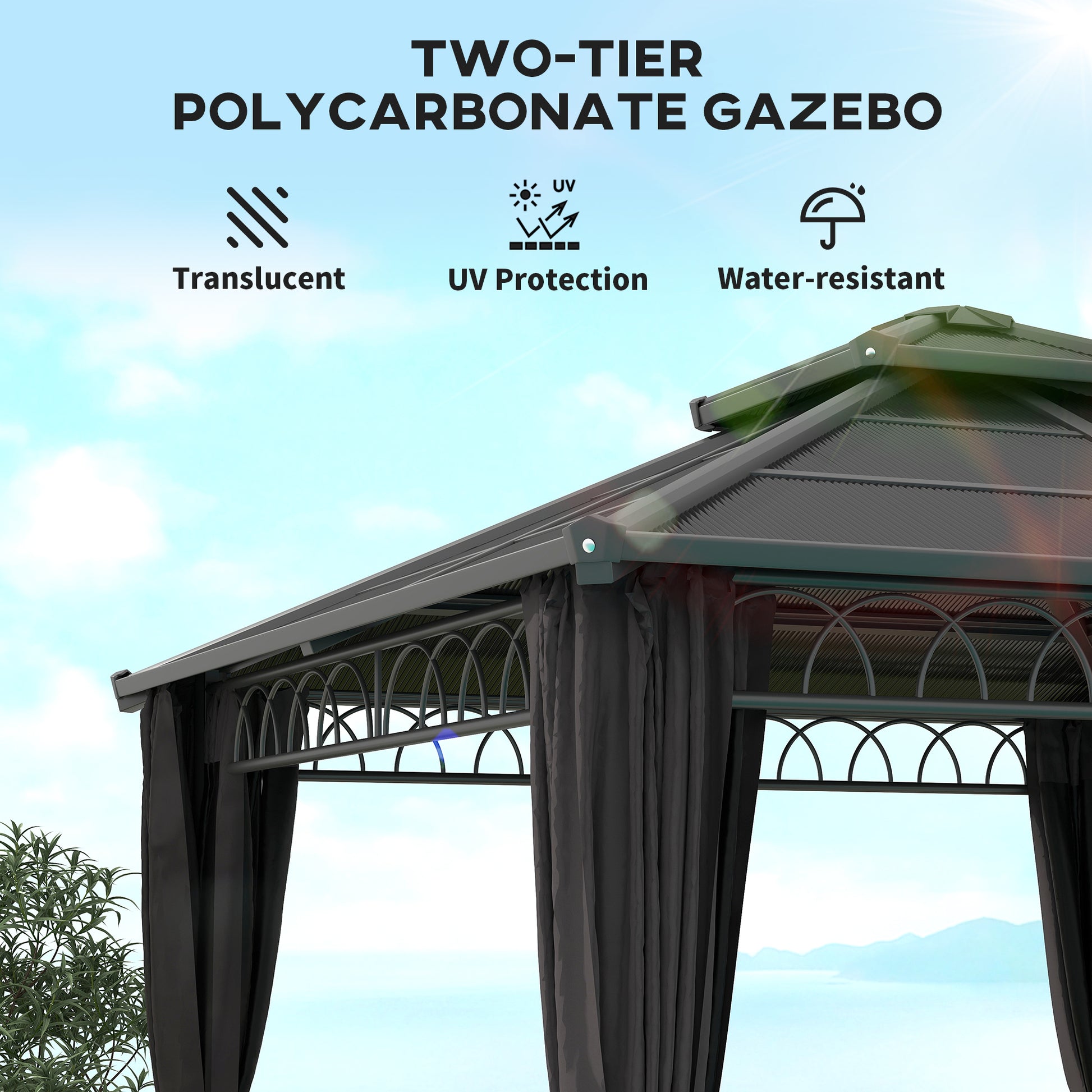 9' x 10' Hardtop Gazebo - Double PC Roof & Netting Black-DECOROLALA