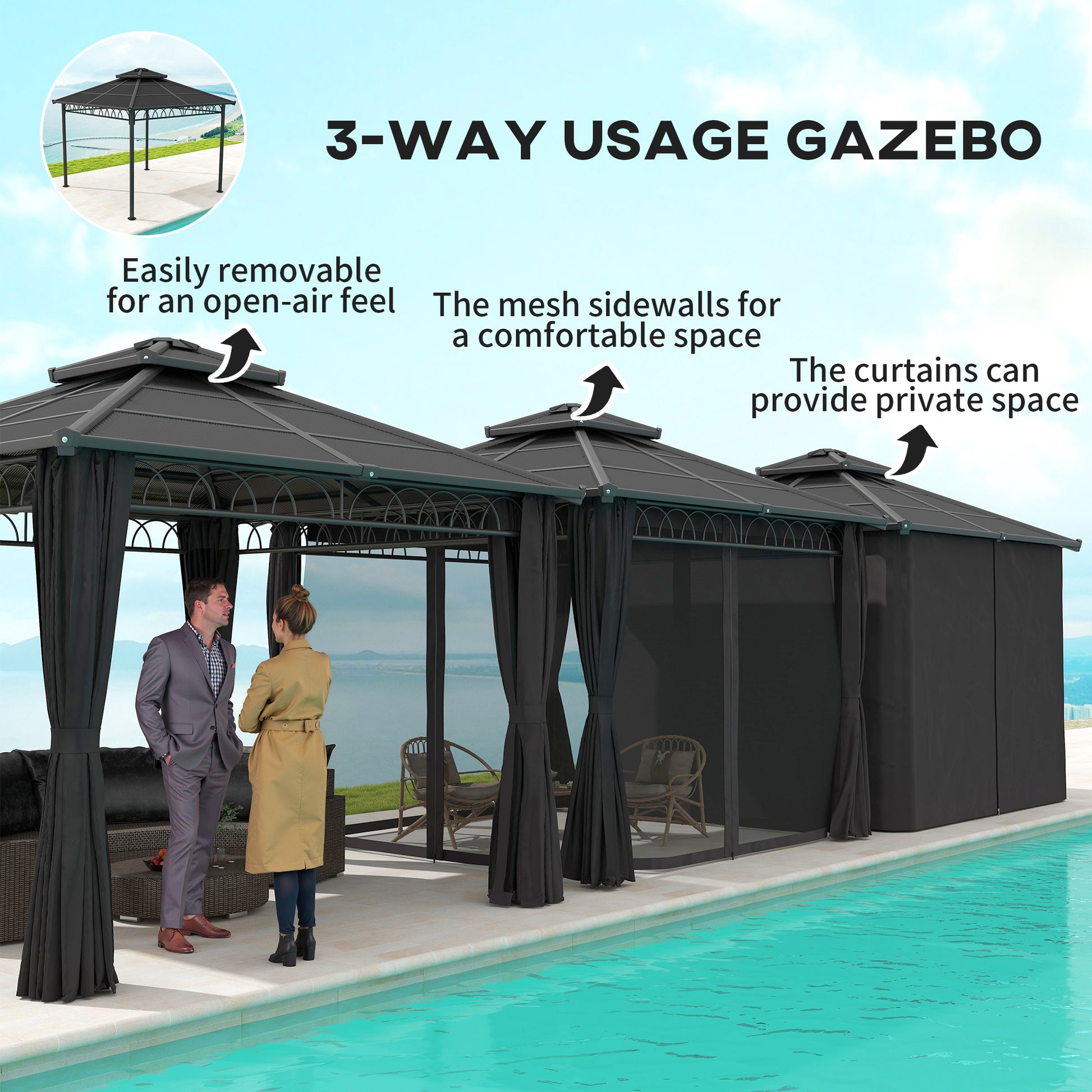 9' x 10' Hardtop Gazebo - Double PC Roof & Netting Black-DECOROLALA