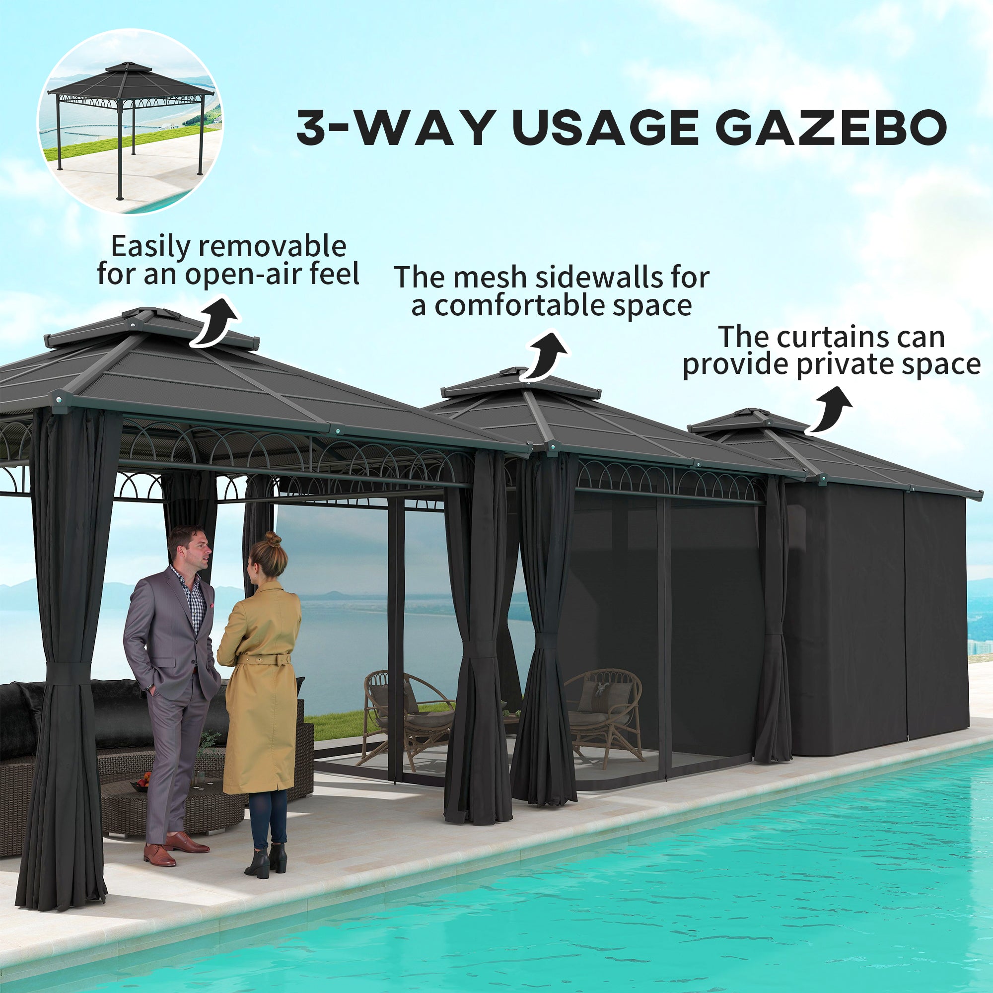 9' x 10' Hardtop Gazebo - Double PC Roof & Netting Black-DECOROLALA