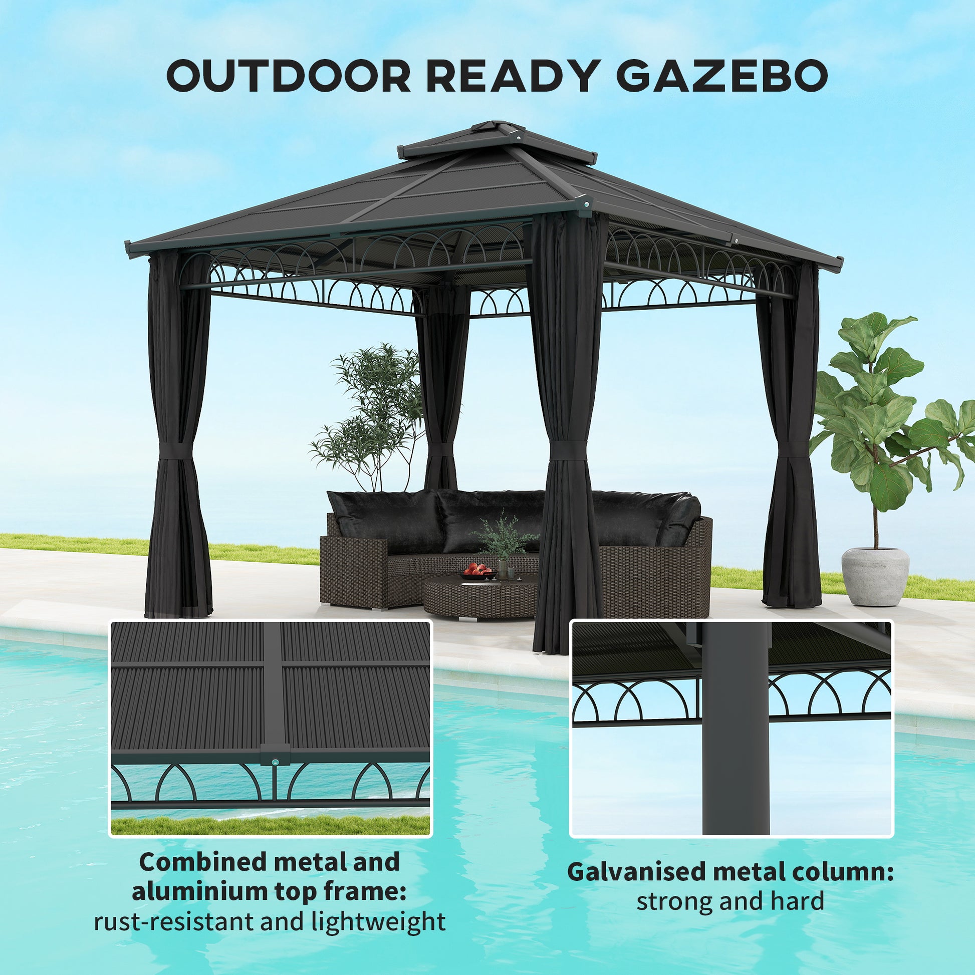 9' x 10' Hardtop Gazebo - Double PC Roof & Netting Black-DECOROLALA