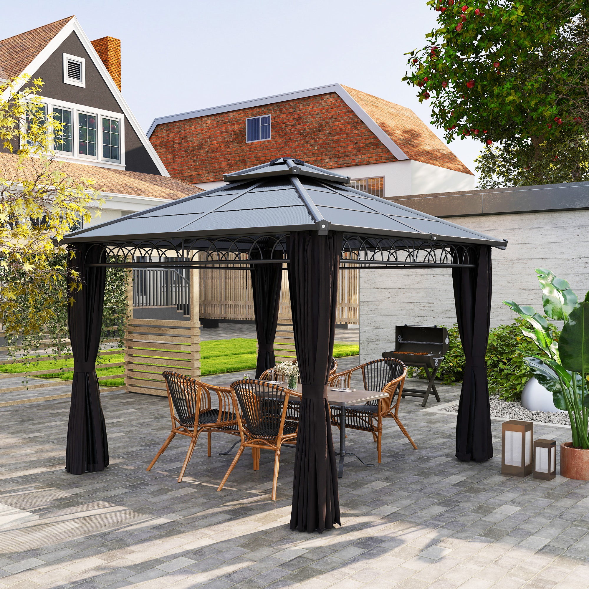 9' x 10' Hardtop Gazebo - Double PC Roof & Netting Black-DECOROLALA