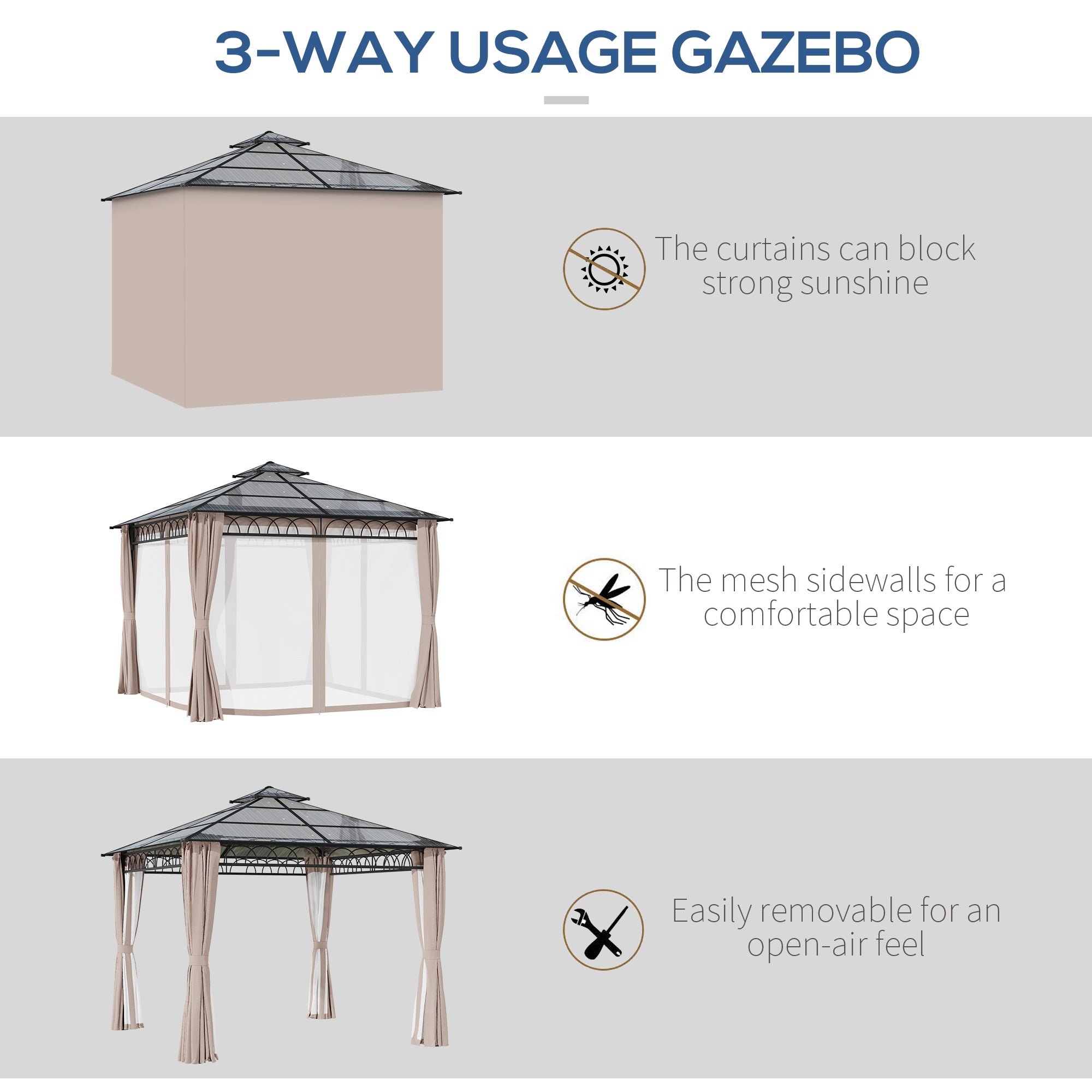 9' x 10' Hardtop Gazebo - Khaki Curtains, Netting-DECOROLALA