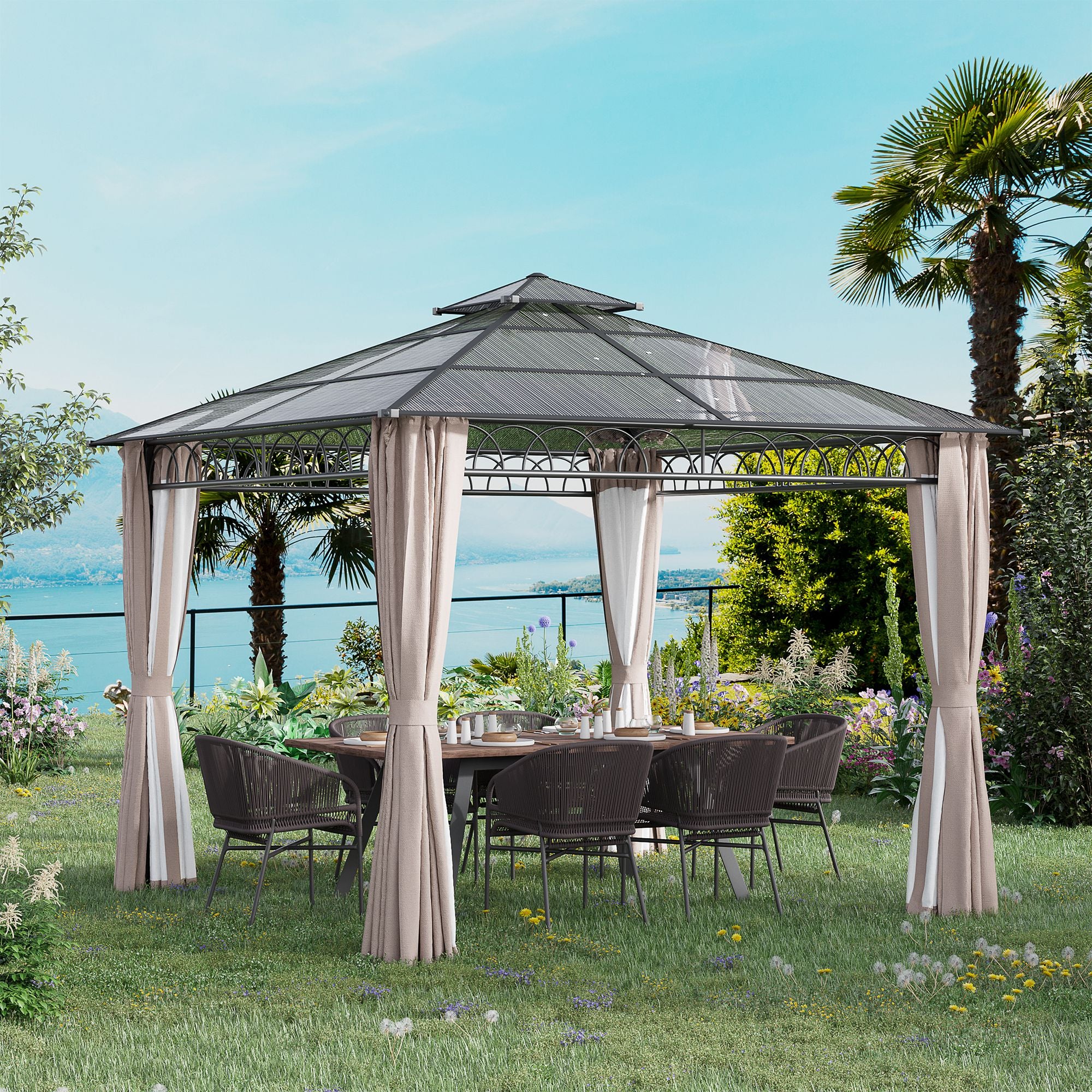 9' x 10' Hardtop Gazebo - Khaki Curtains, Netting-DECOROLALA