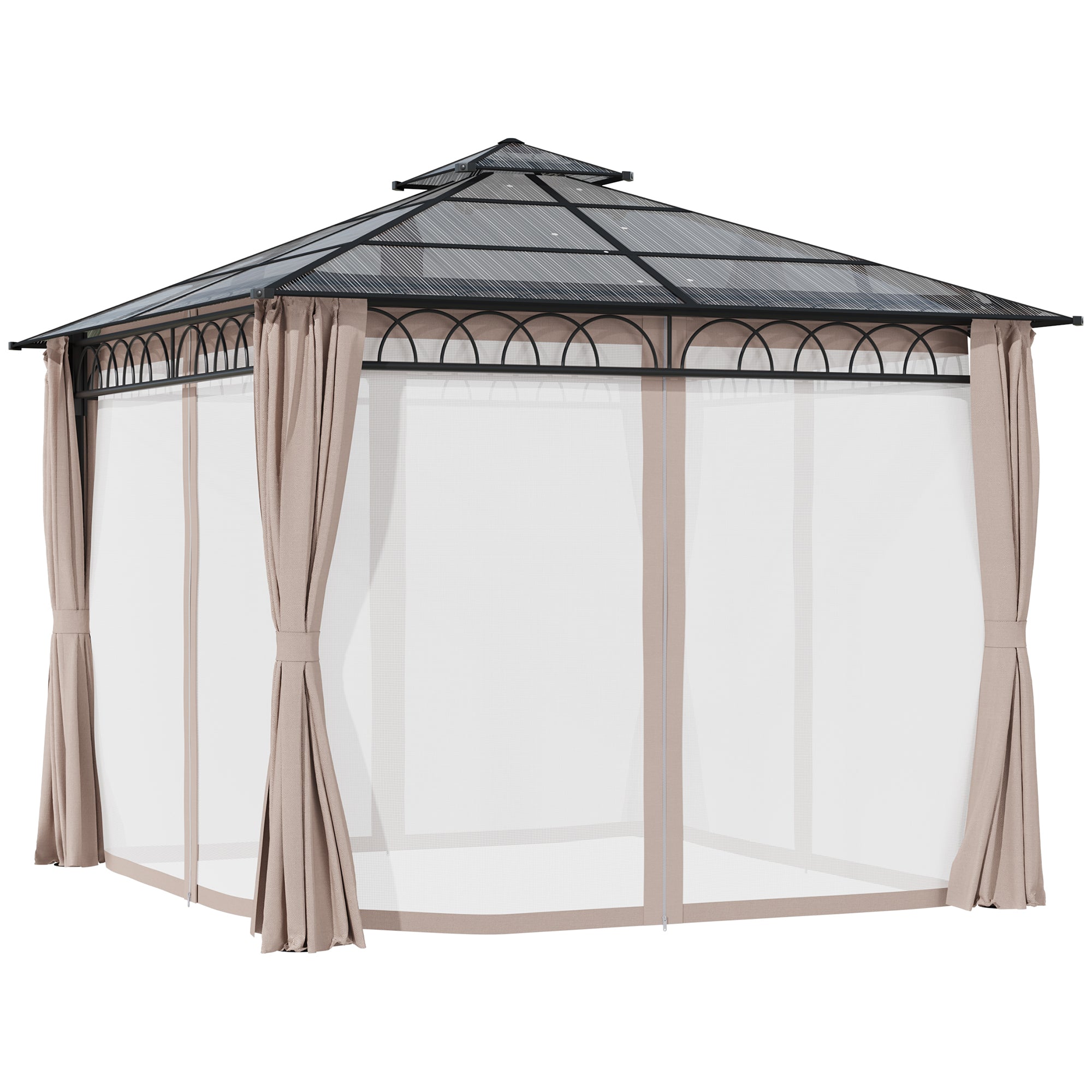 9' x 10' Hardtop Gazebo - Khaki Curtains, Netting-DECOROLALA