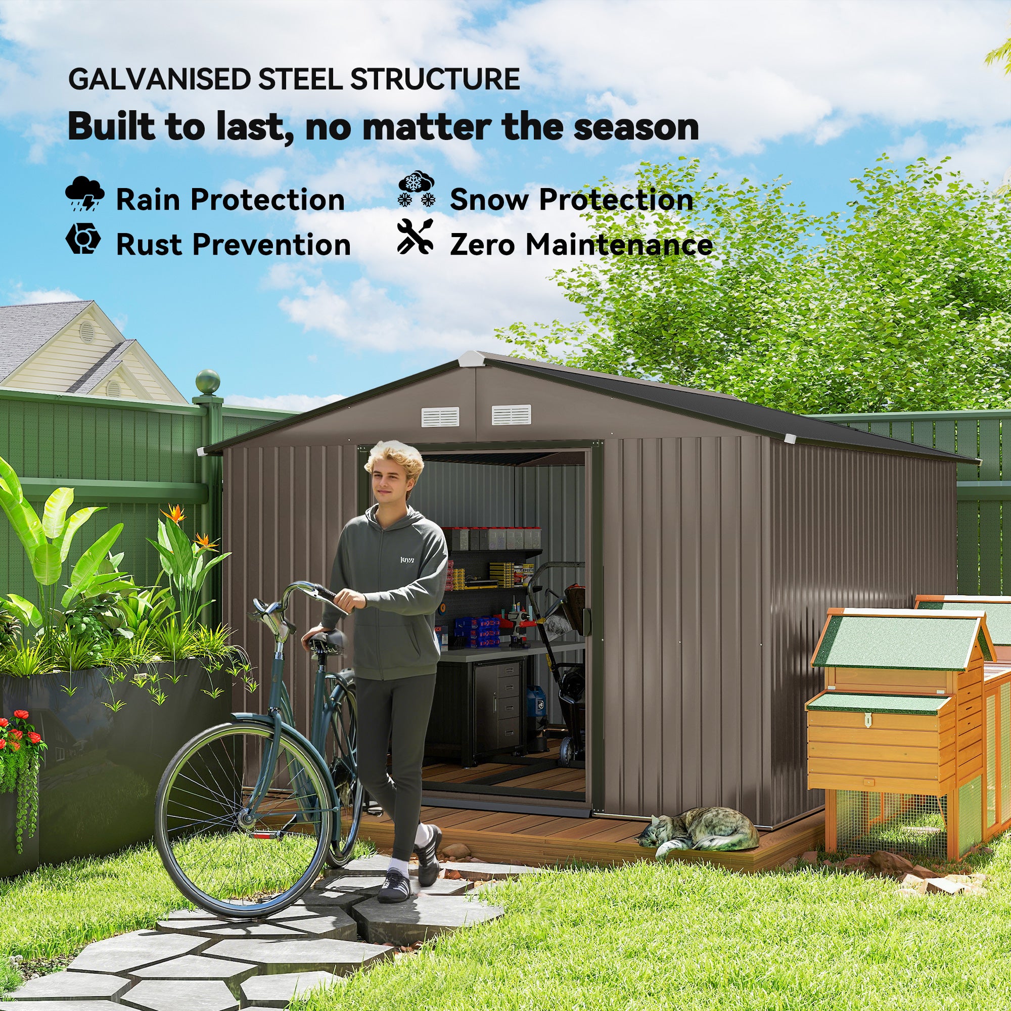 9' x 10.6' Metal Garden Storage Shed with Foundation - Brown-Patio & Garden > Lawn & Garden > Sheds-DECOROLALA