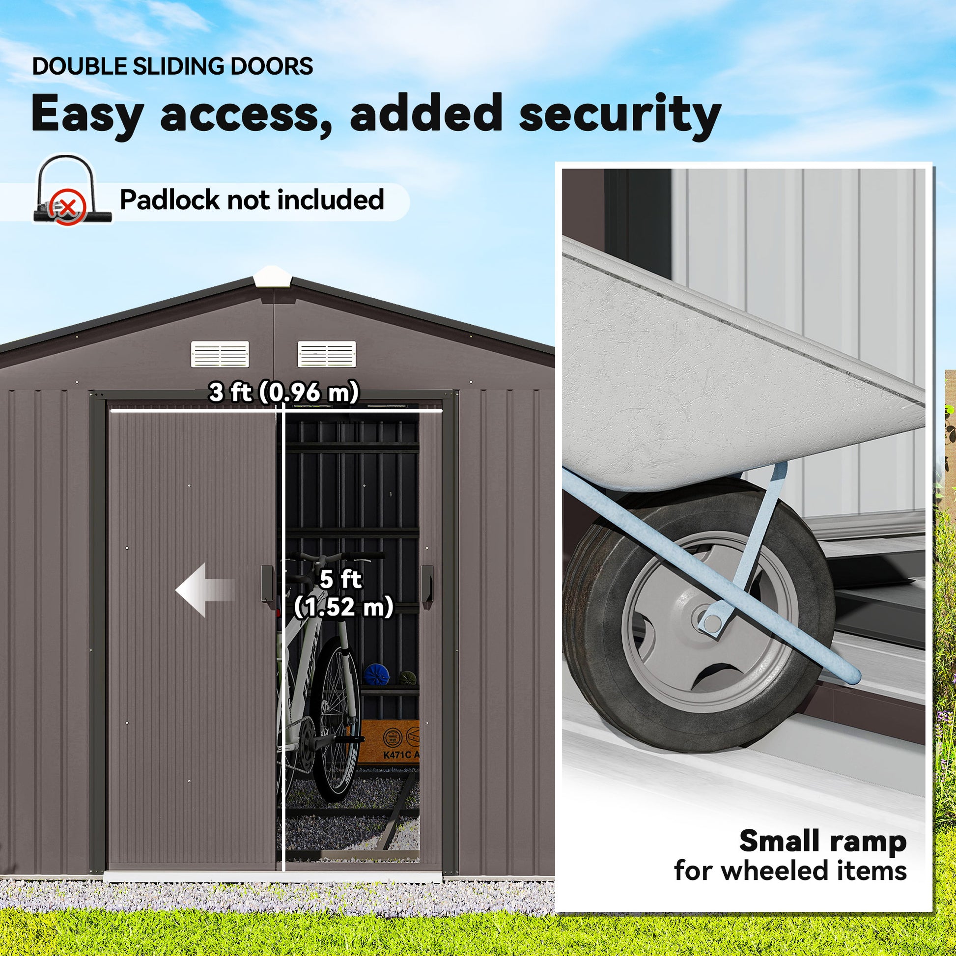 9' x 10.6' Metal Garden Storage Shed with Foundation - Brown-Patio & Garden > Lawn & Garden > Sheds-DECOROLALA