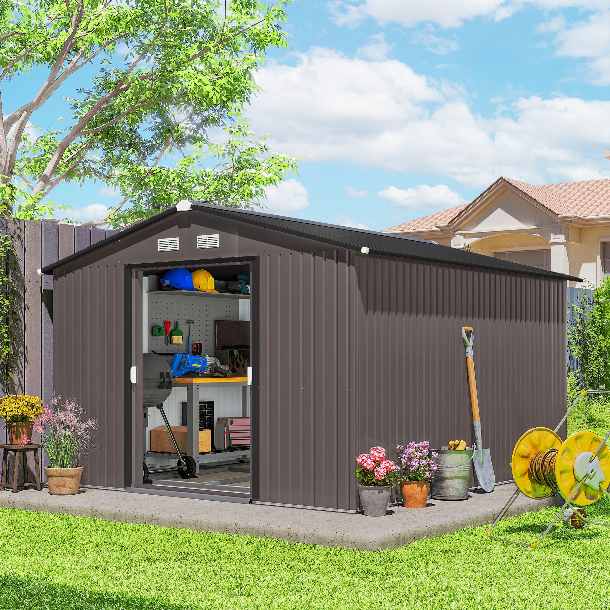 9' x 10.6' Metal Garden Storage Shed with Foundation - Brown-Patio & Garden > Lawn & Garden > Sheds-DECOROLALA