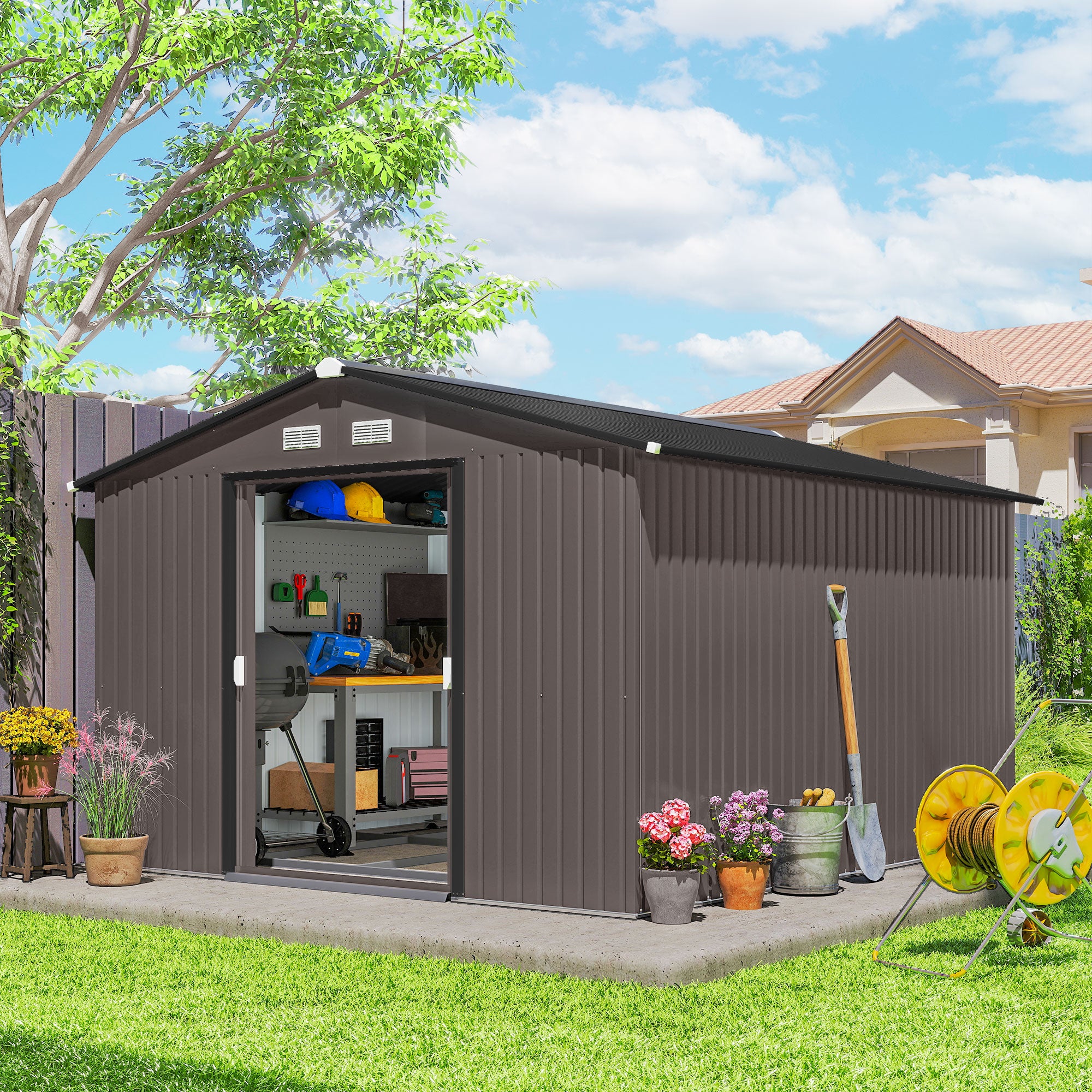 9' x 10.6' Metal Garden Storage Shed with Foundation - Brown-Patio & Garden > Lawn & Garden > Sheds-DECOROLALA