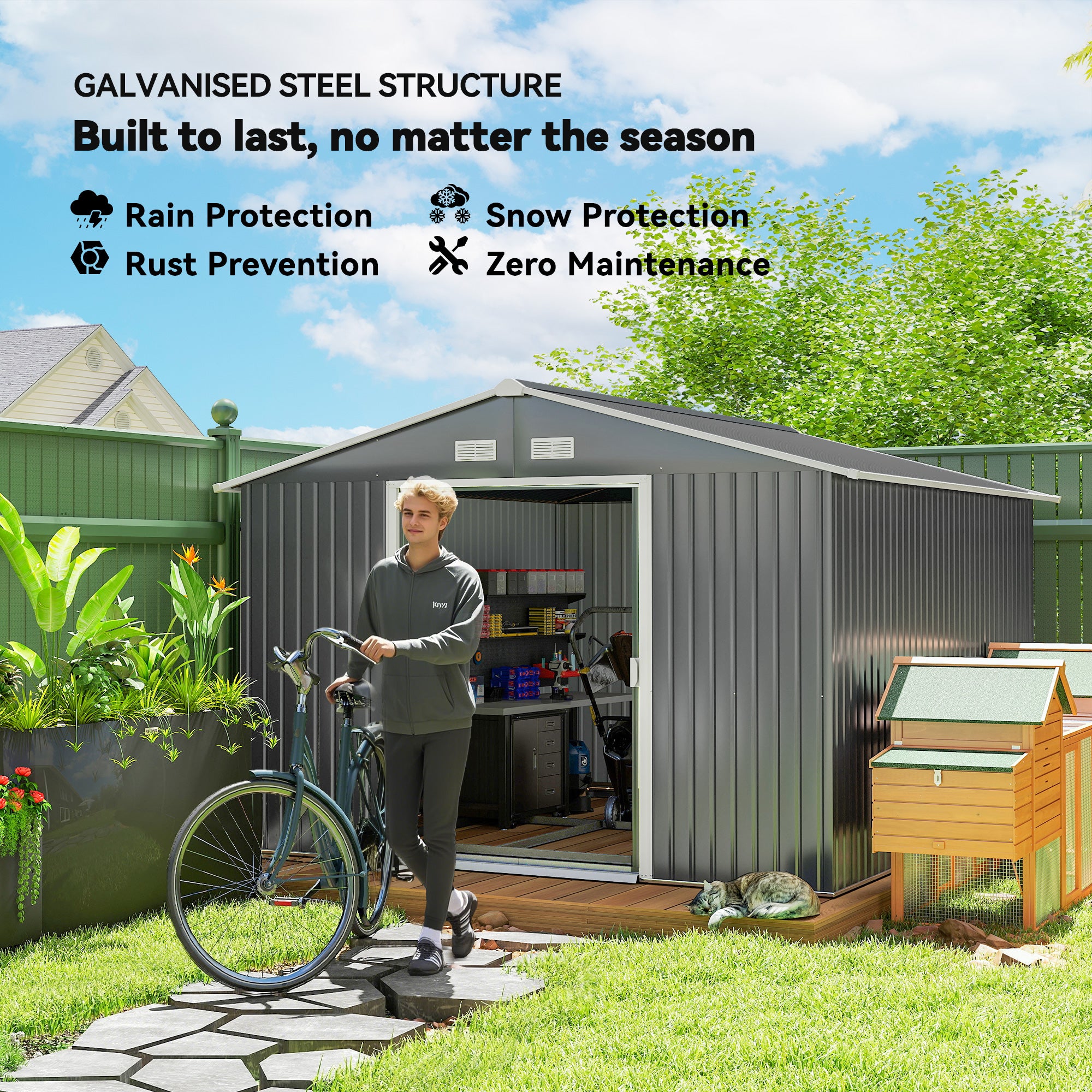 9' x 10.6' Metal Garden Storage Shed with Foundation - Grey-Patio & Garden > Lawn & Garden > Sheds-DECOROLALA