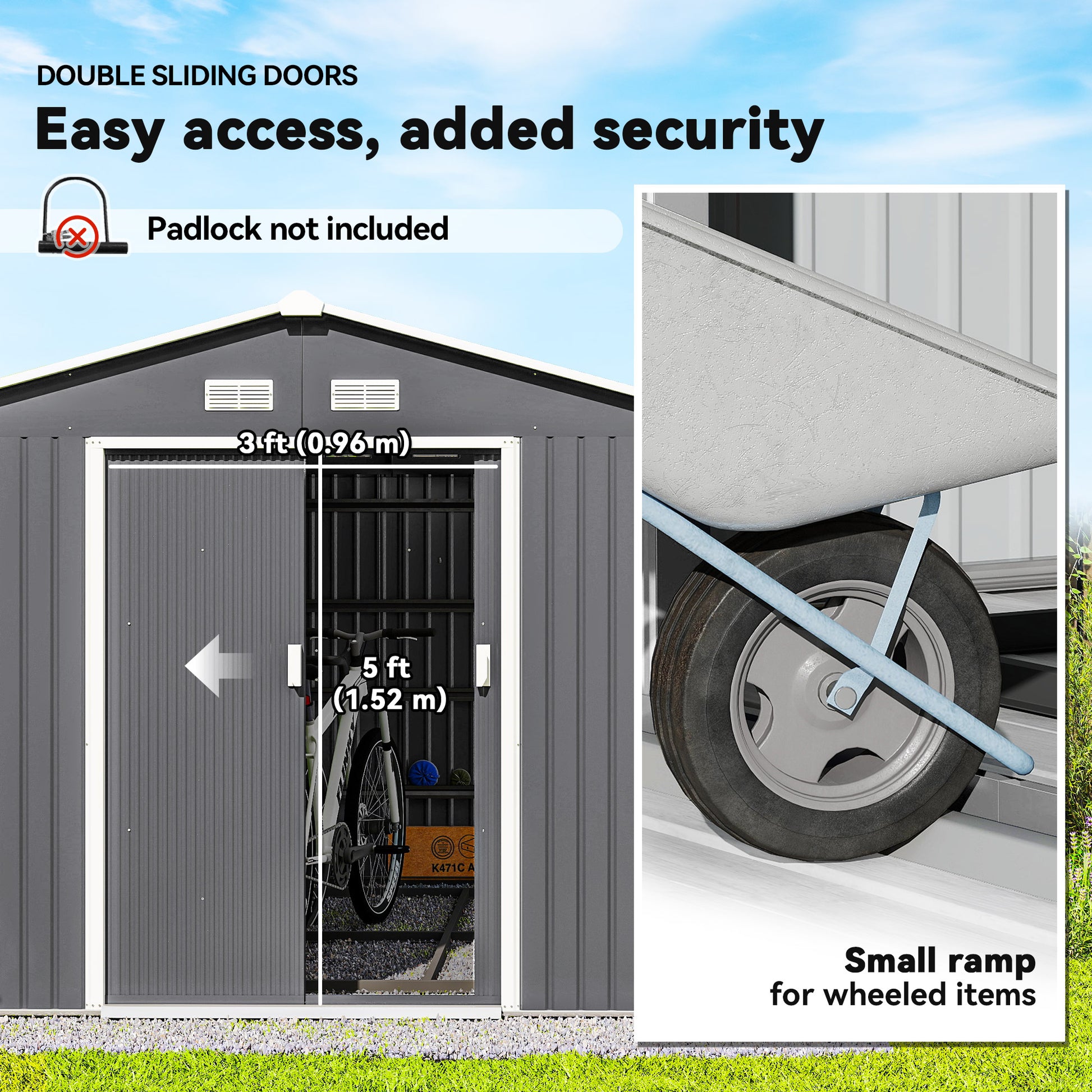 9' x 10.6' Metal Garden Storage Shed with Foundation - Grey-Patio & Garden > Lawn & Garden > Sheds-DECOROLALA