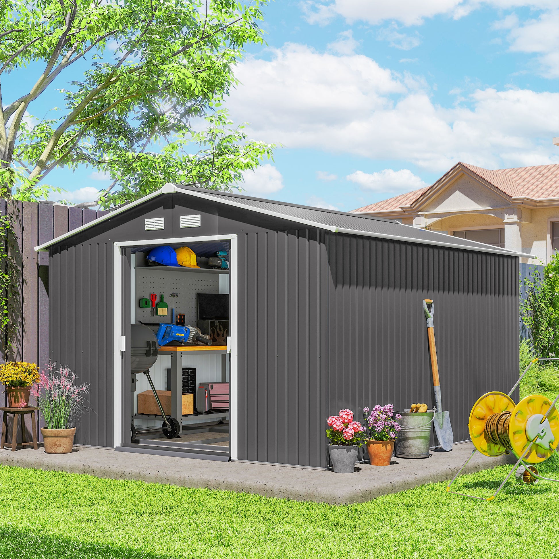 9' x 10.6' Metal Garden Storage Shed with Foundation - Grey-Patio & Garden > Lawn & Garden > Sheds-DECOROLALA
